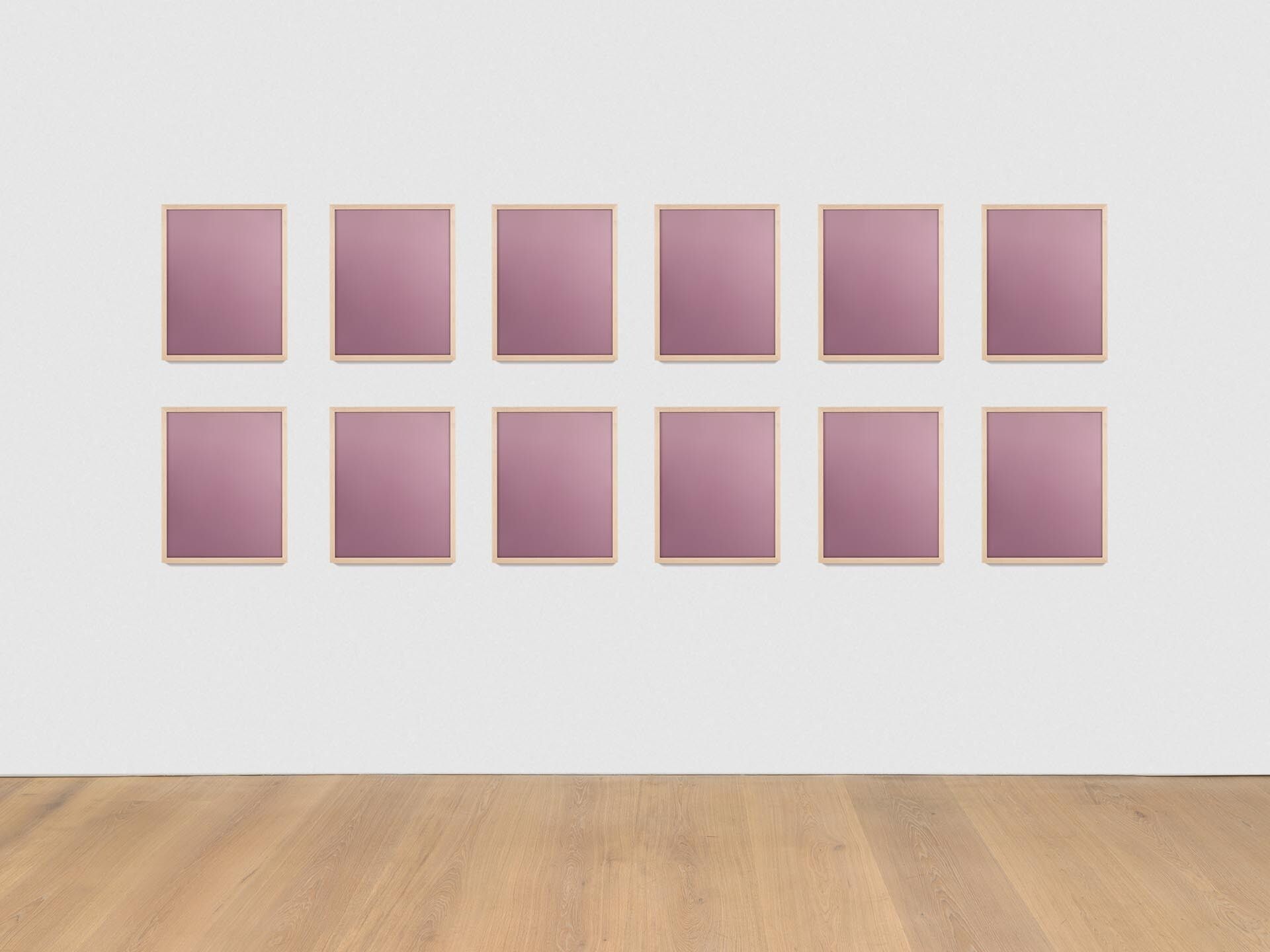 A series of paintings by Sherrie Levine, titled Light Mauve Mirrors: 1-12, dated 2016.