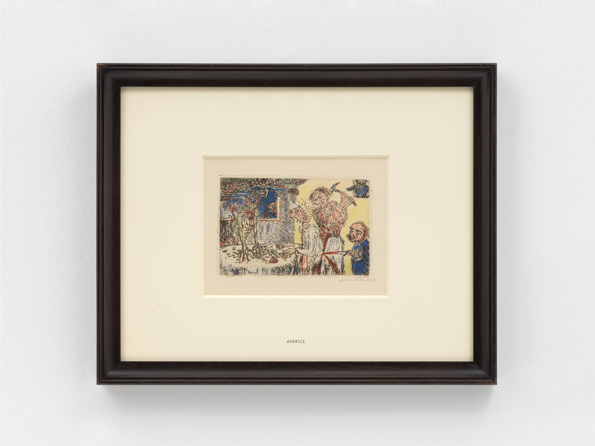 A print by James Ensor, titled L'Avarice, translated as Avarice, from the Seven Deadly Sins series, dated 1904.