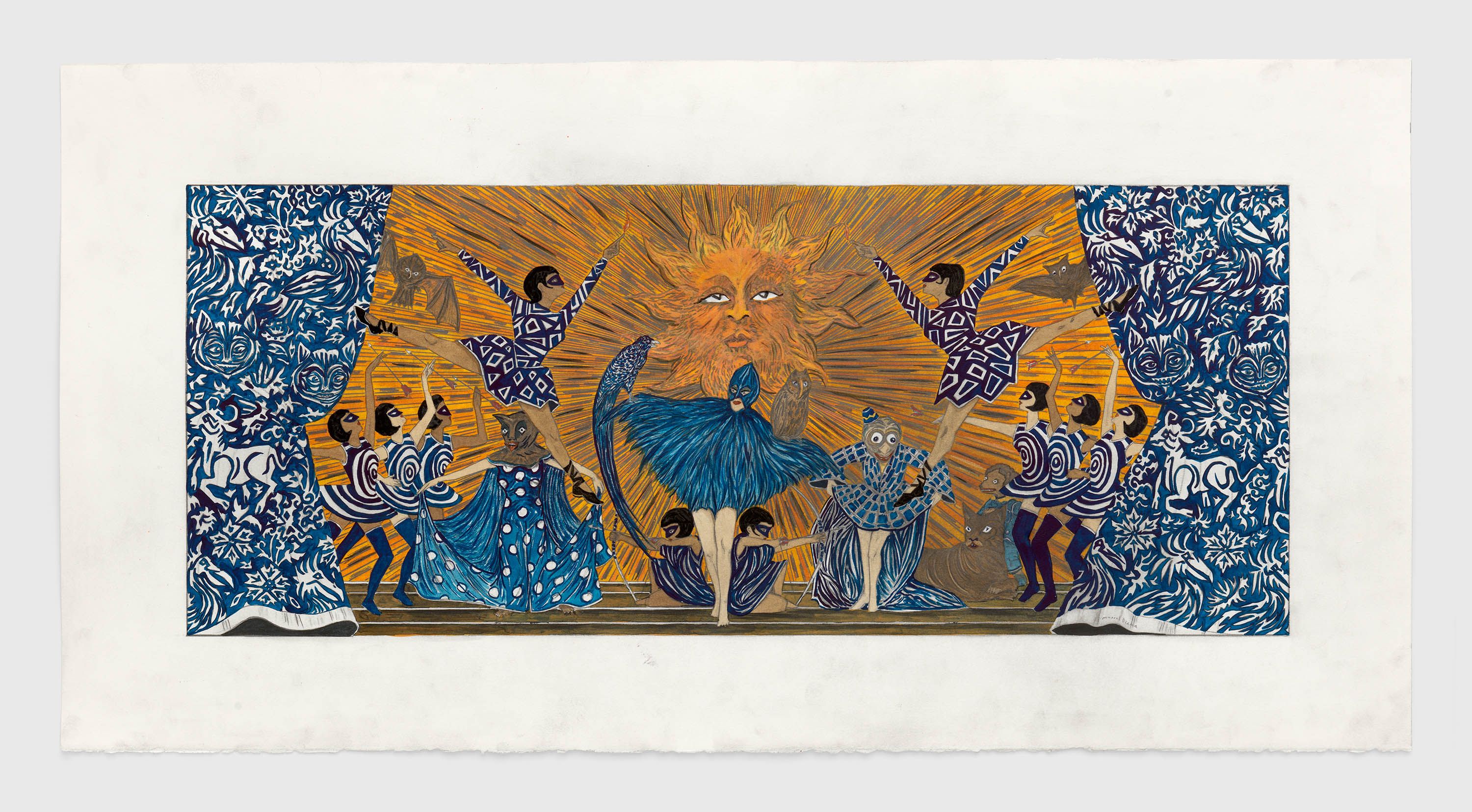 A mixed media artwork by Marcel Dzama, titled Who loves the sun, dated 2020 to 2021.