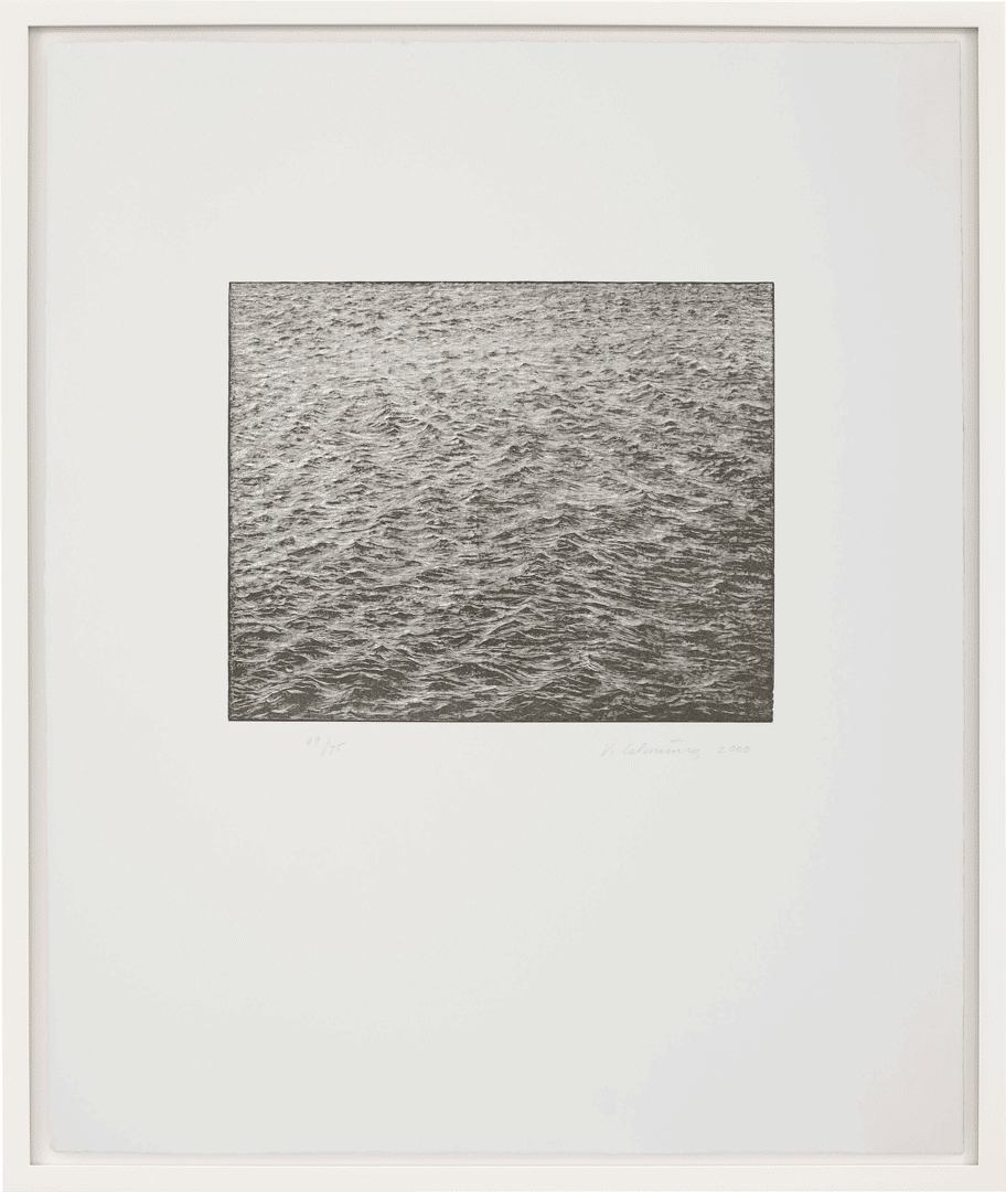 A wood engraving on Zerkall paper by Vija Celmins, titled, Ocean Surface Wood Engraving 2000, dated 2000.