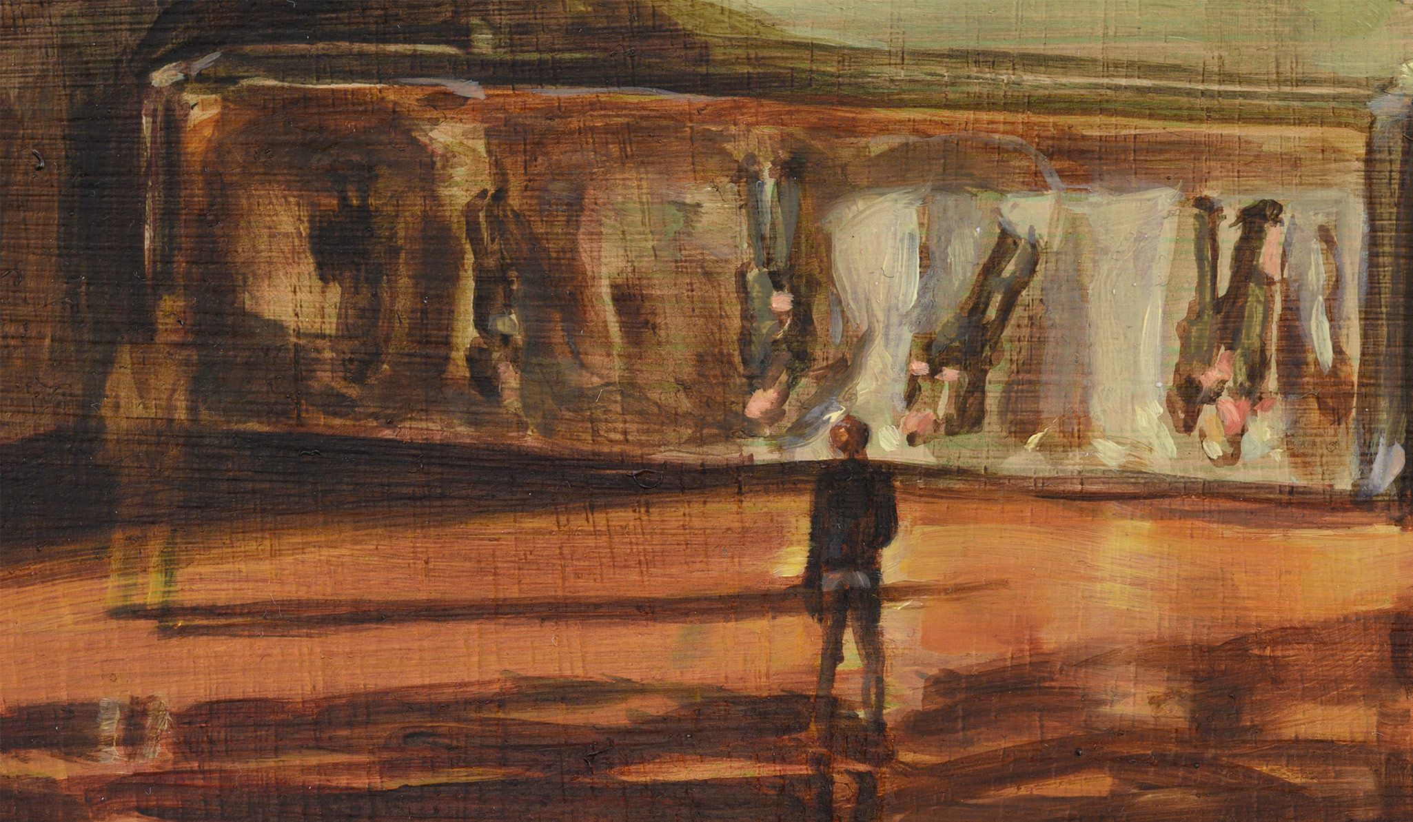 A detail of a painting by Michaël Borremans titled Five Writers (Design for a Sculpture), dated 2021
