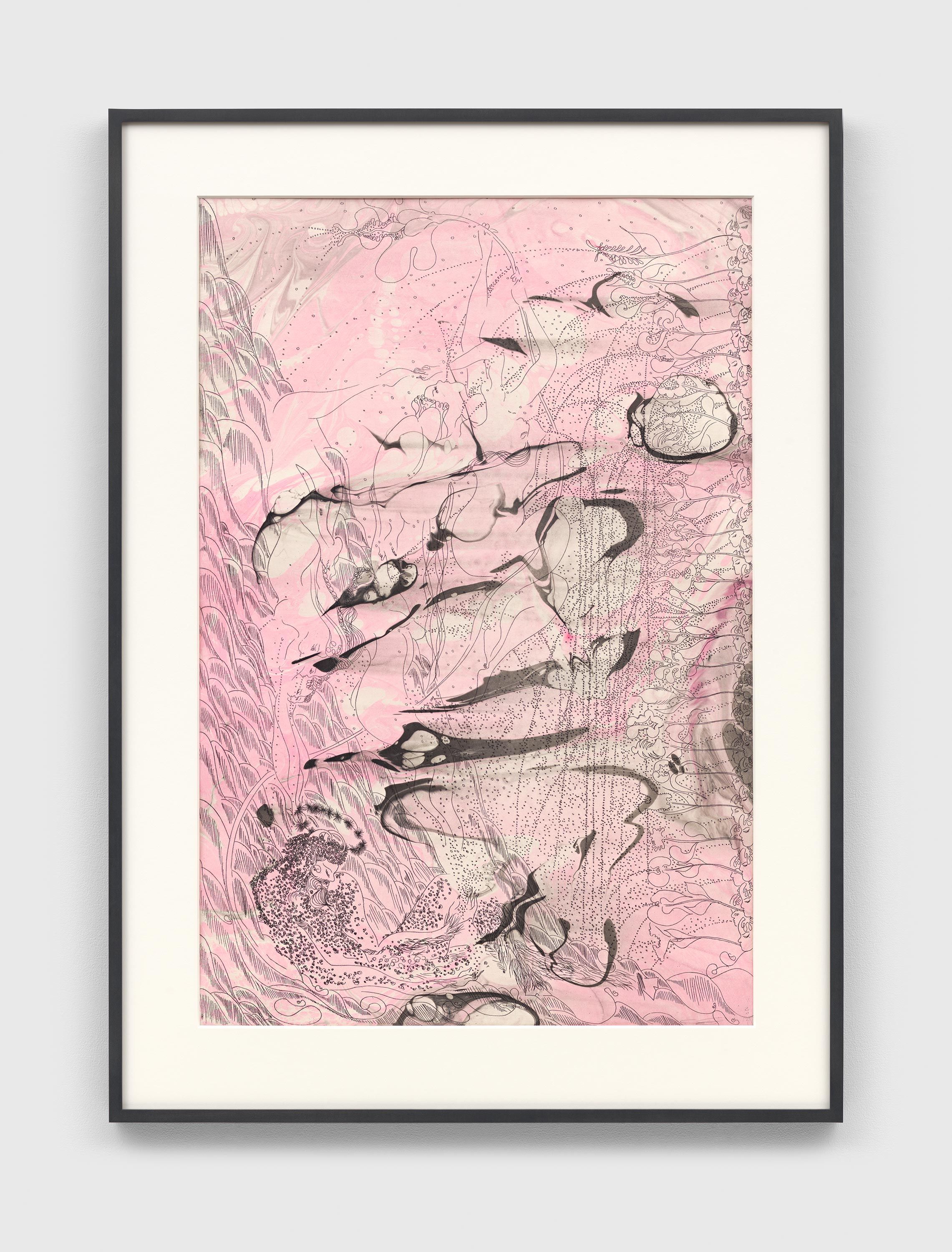 An etching on Suminagashi painting by Chris Ofili, titled Pink Afternoon, dated 2021.