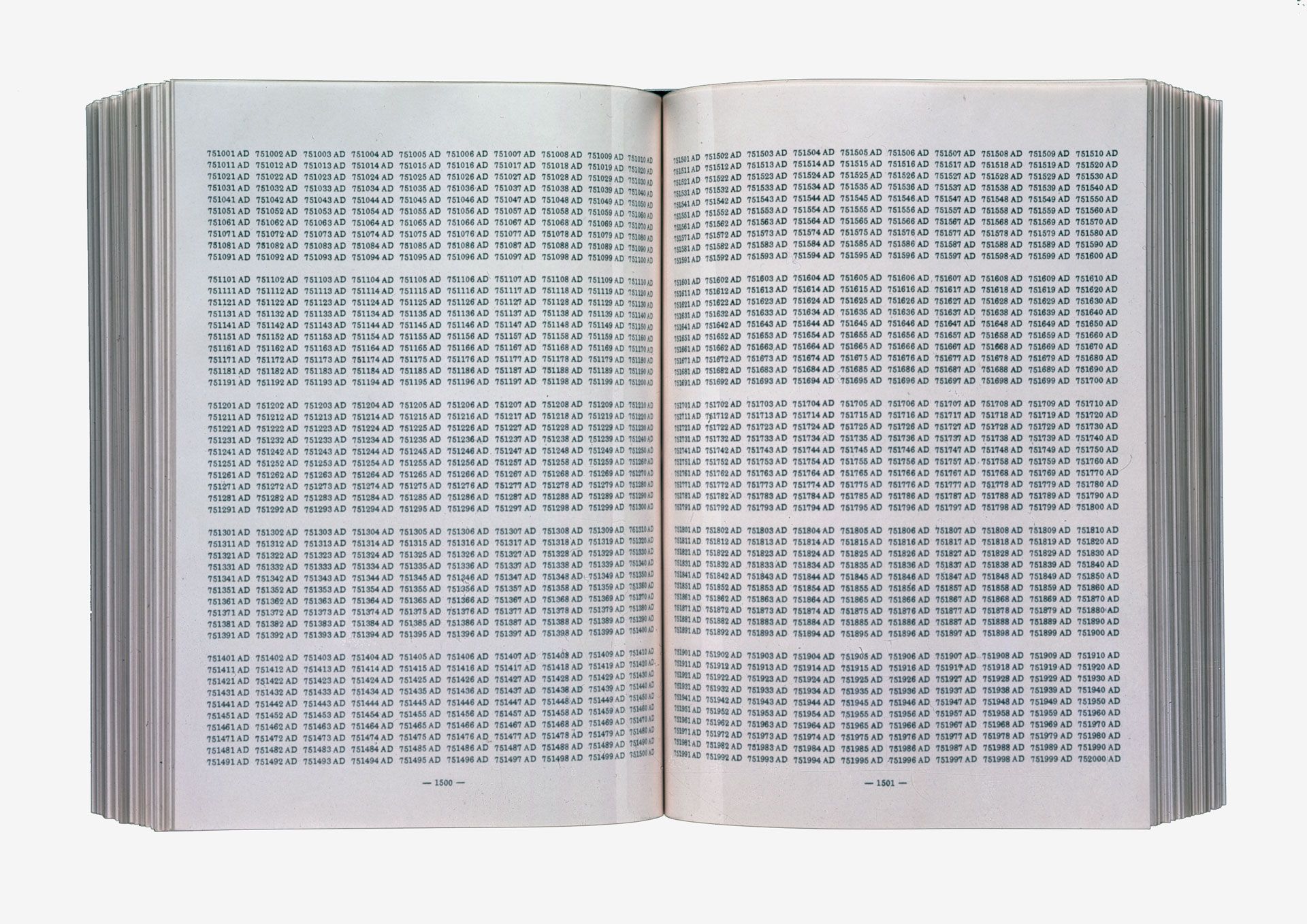 A spread view of a book by On Kawara, titled One Million Years (Past and Future), dated 1999.