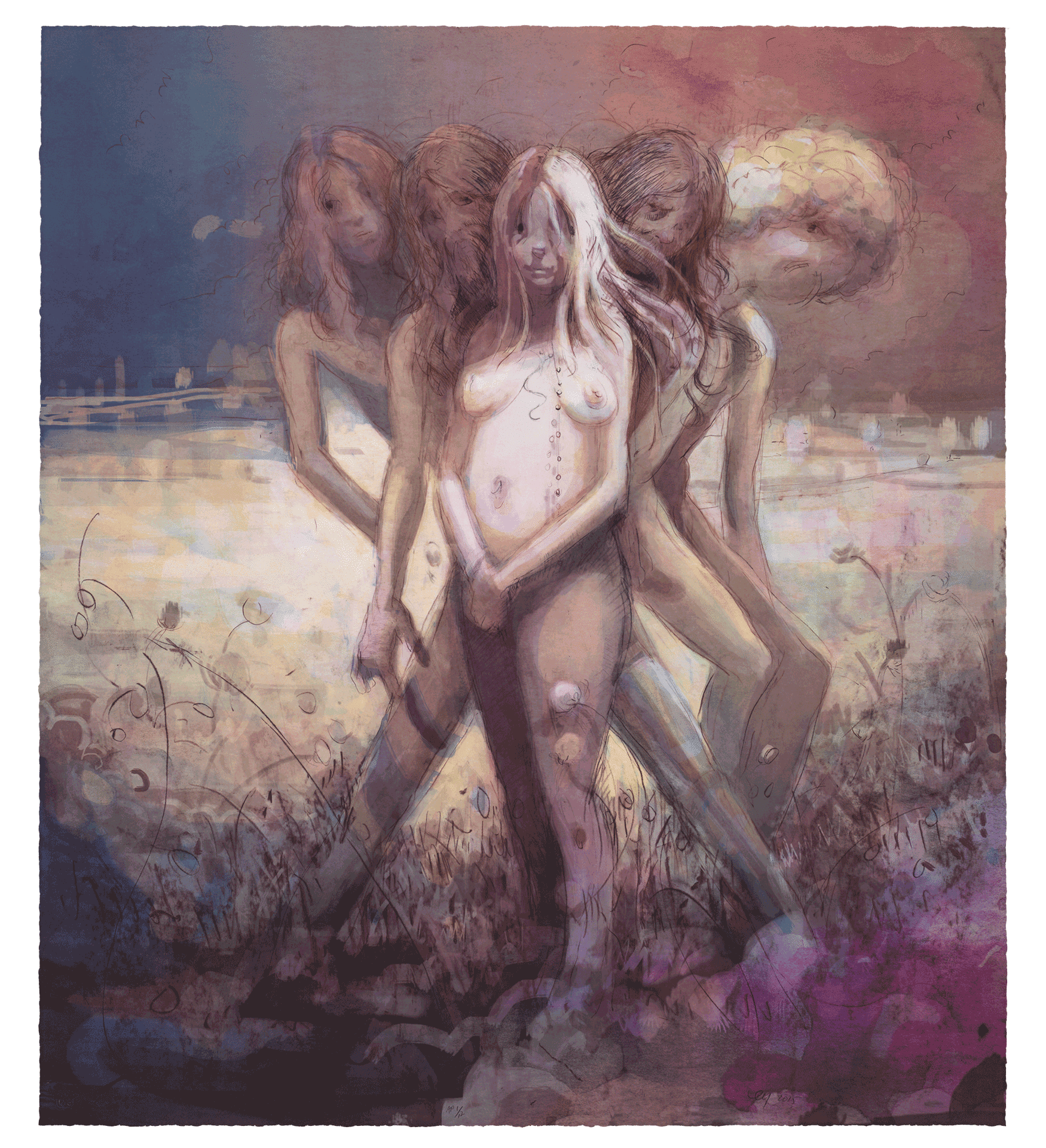A print by Lisa Yuskavage, titled Hippies in Tit Heaven, dated 2015.