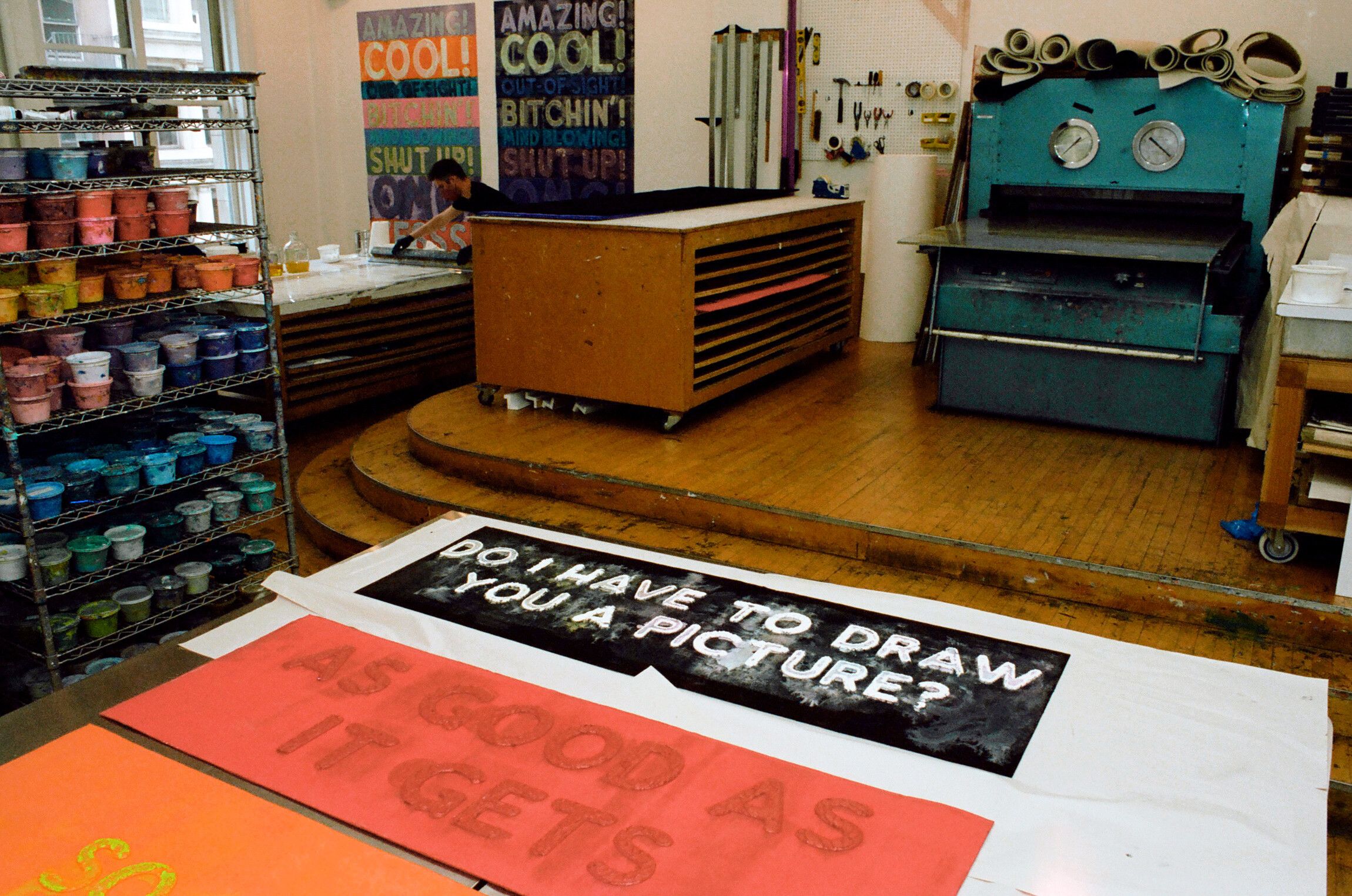 Prints laying on the print studio desk, dated 2021