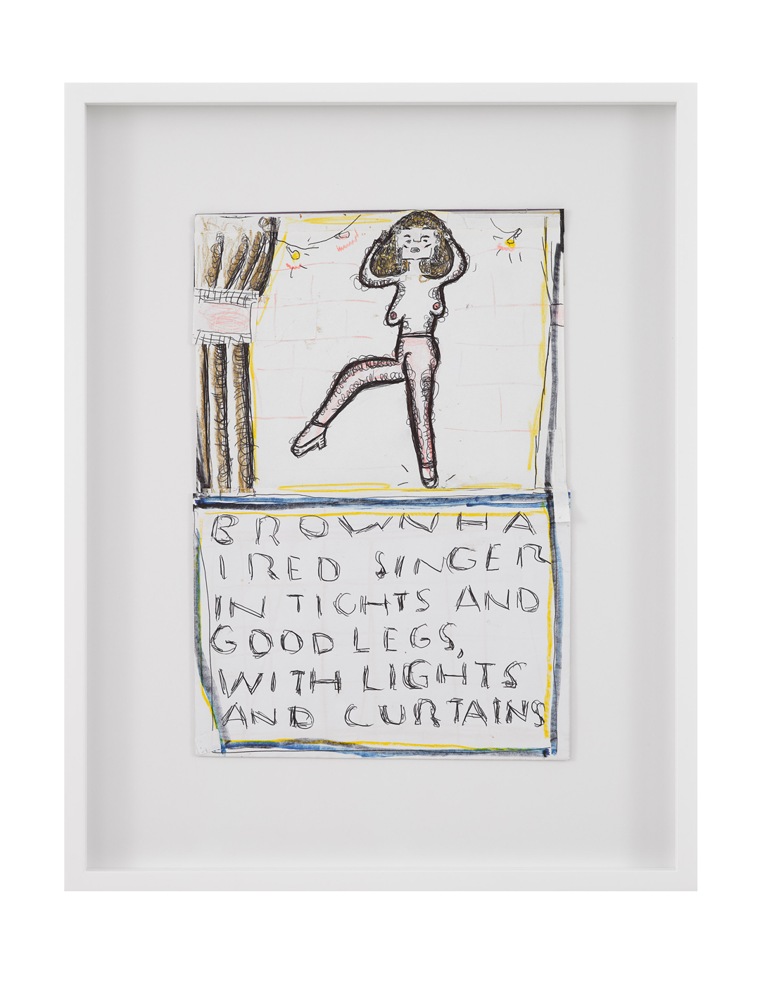 A work on paper by Rose Wylie, titled Brown Haired Girl in Tights, dated 2019.