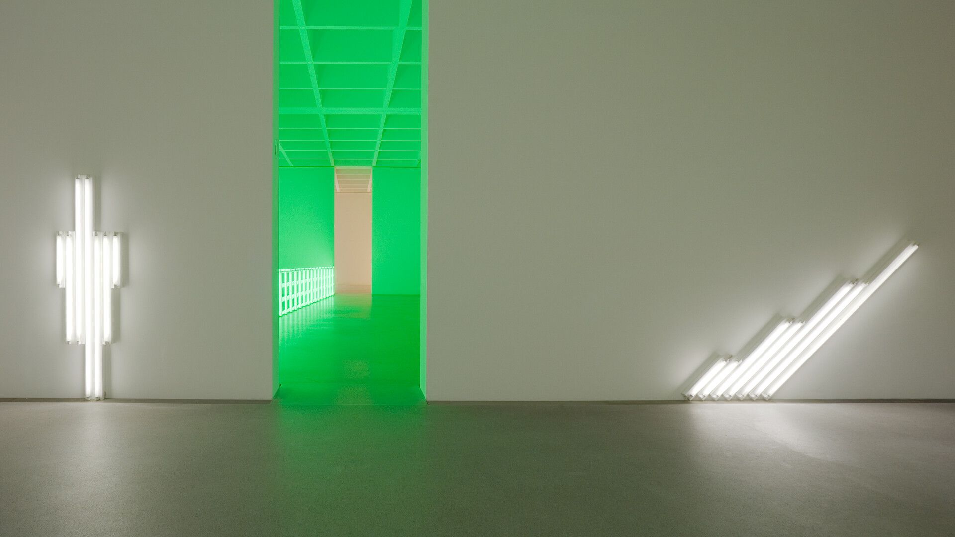 An installation view of the exhibition Dan Flavin: A Retrospective at Pinakothek de Moderne, Munich, dated 2007.
