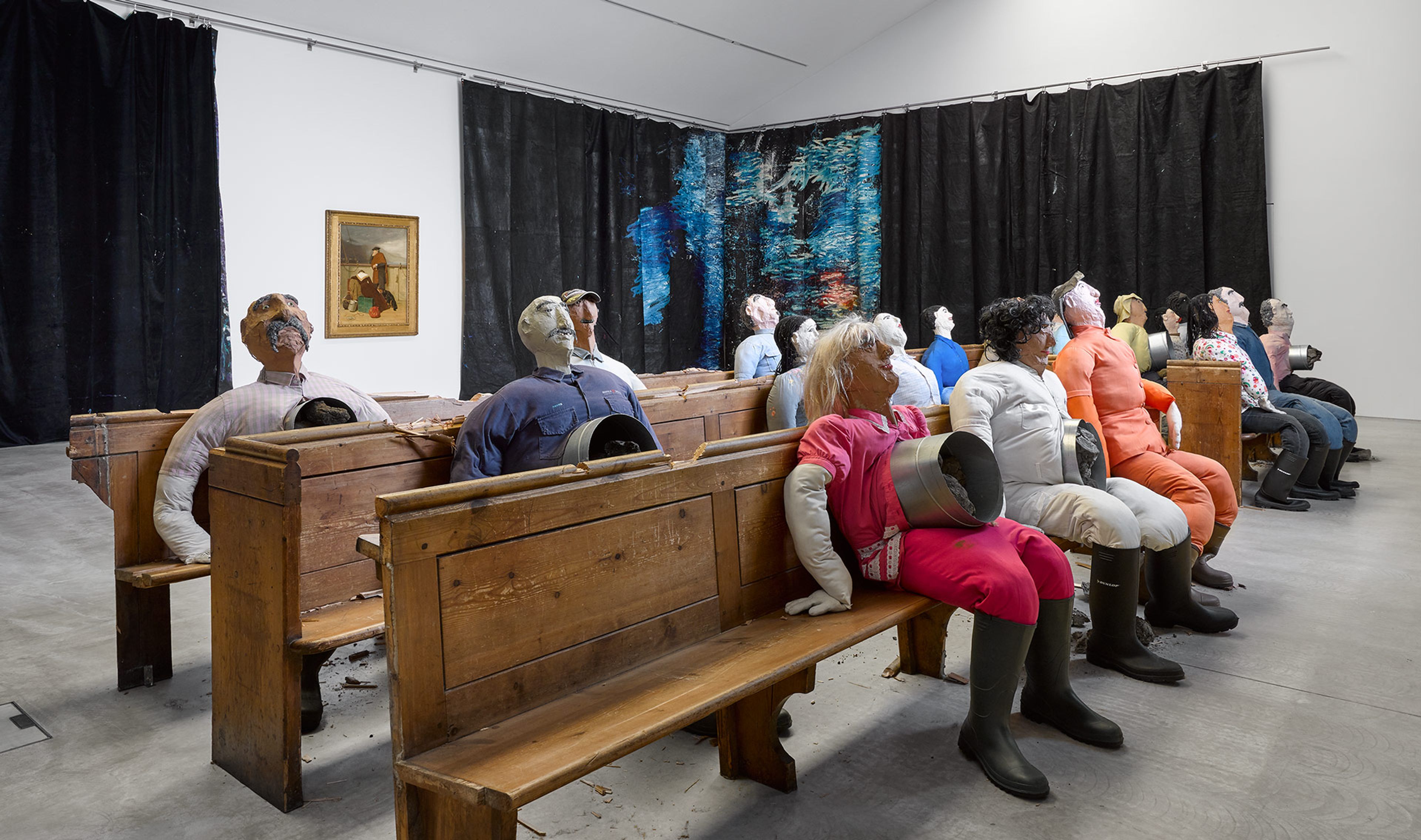 An installation view of Oscar Murillo's presentation in the 2019 Turner Prize exhibition.