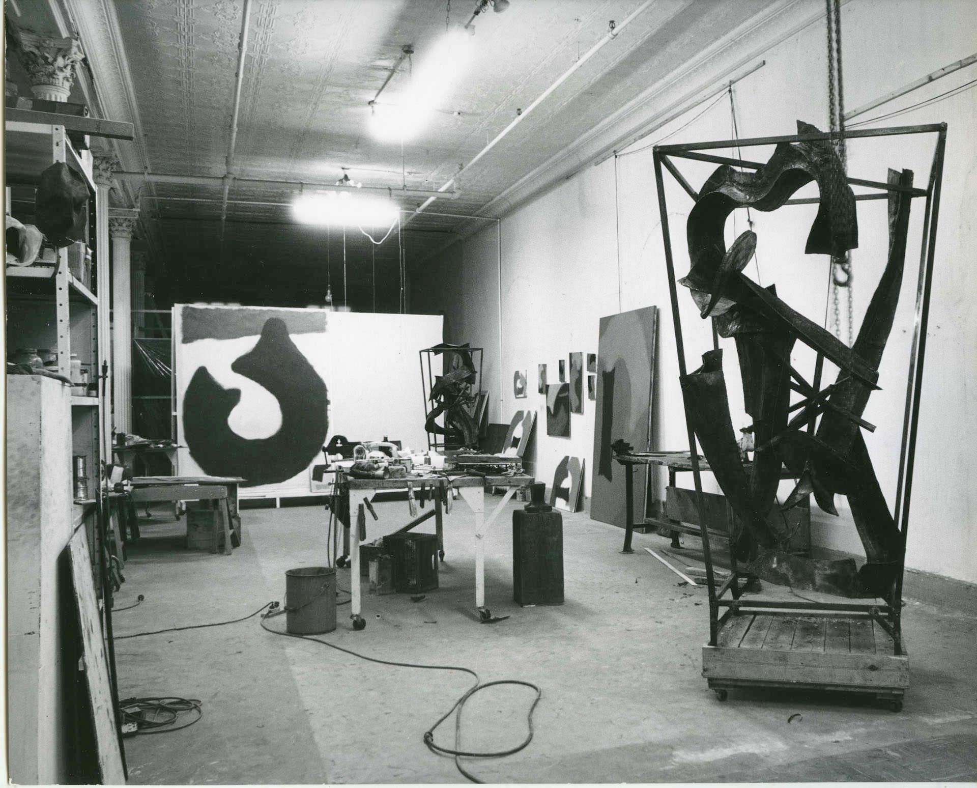 View of Herbert Ferber's studio in New York, circa 1962.