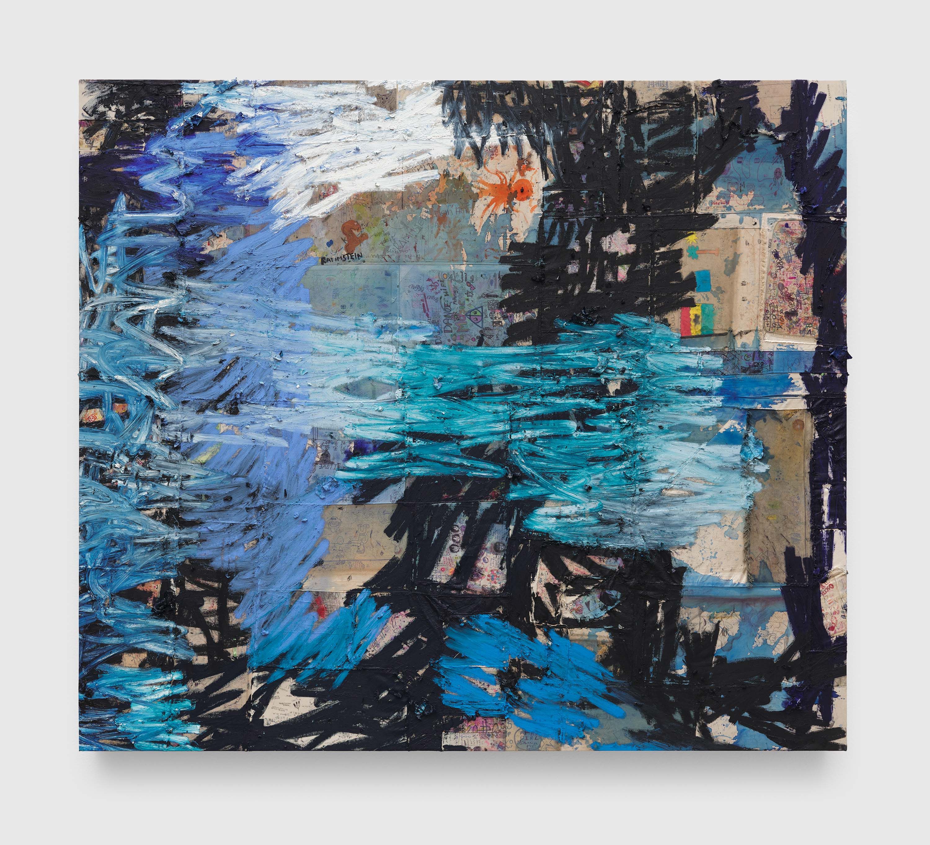 A painting by Oscar Murillo, titled disrupted frequencies (Colombia, China, Ghana, United States, Nepal, Morocco, Egypt, India, Colombia, United Kingdom), 2013 to 2023.