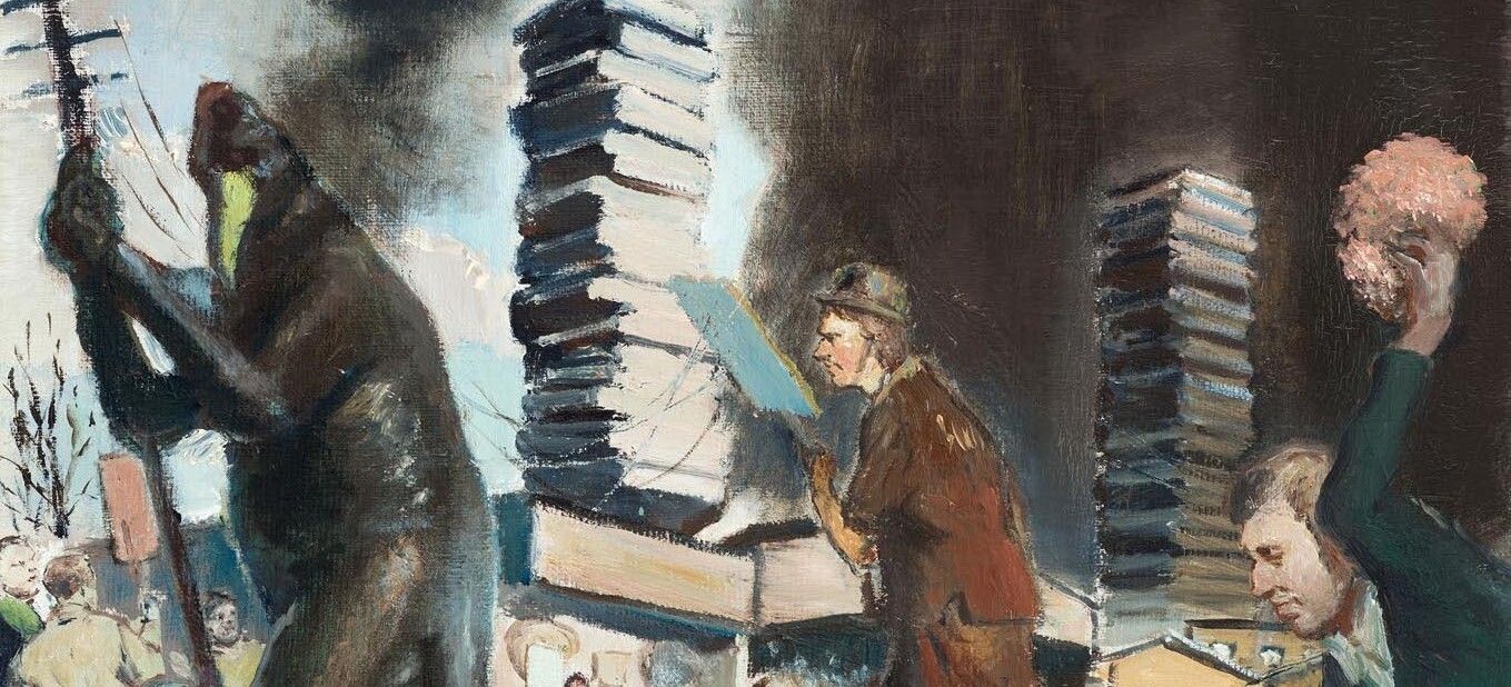 A detail of a painting by Neo Rauch, titled Aufruhr, dated 2016.