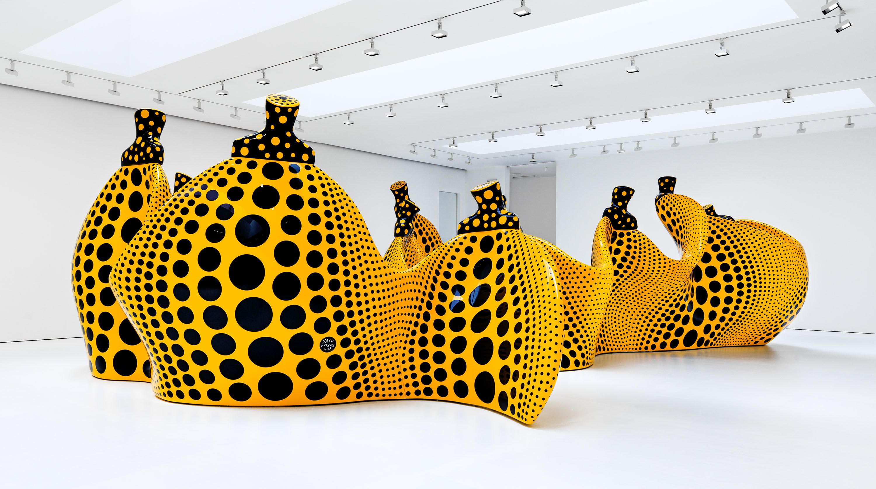 An installation view of the exhibition titled Yayoi Kusama, I Spend Each Day Embracing Flowers, dated 2023