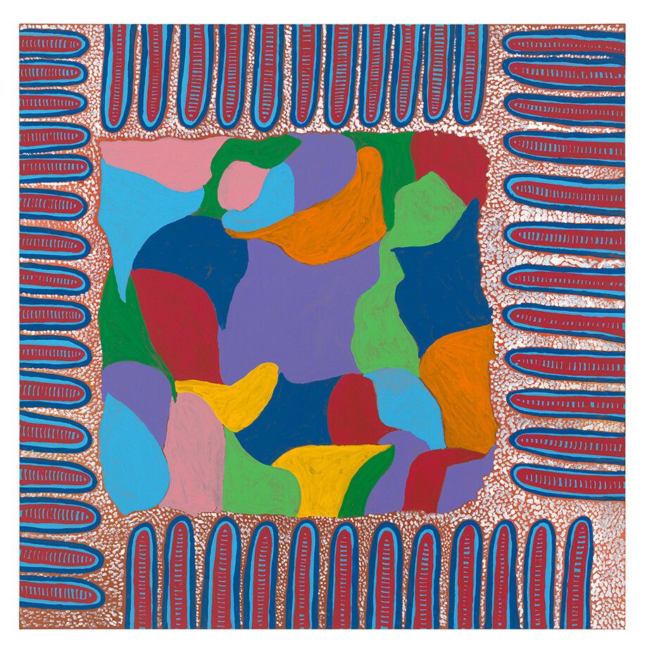 A painting by Yayoi Kusama, titled CLOUDS ARE CONSIDERING, dated 2013.