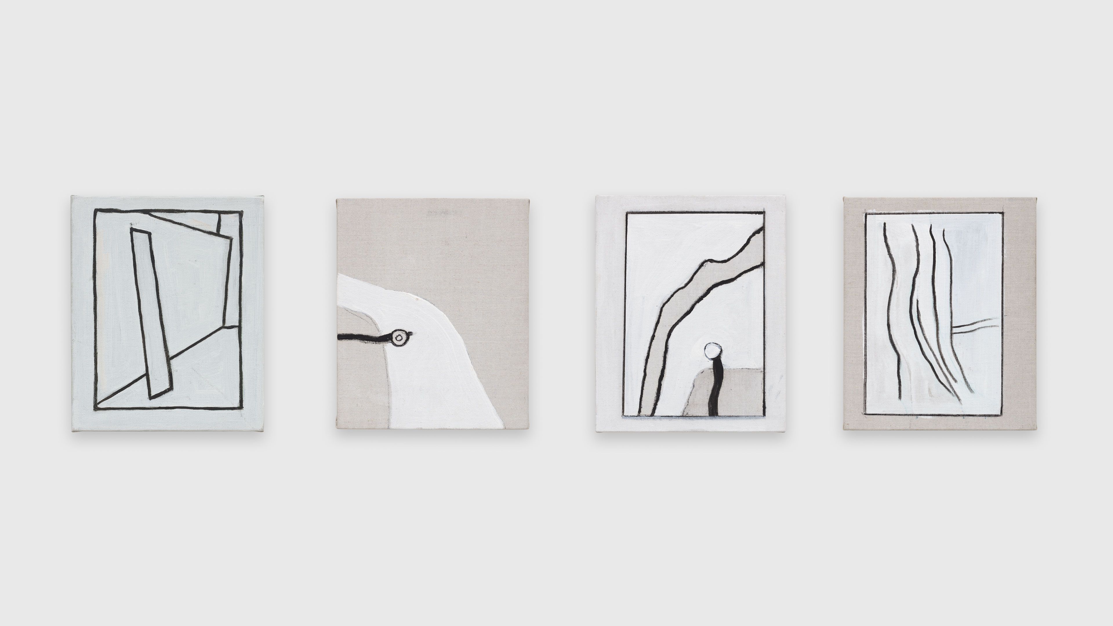 Four oil and gesso paintings on canvas mounted on wood panel by Raoul De Keyser, titled, The Chir, A Road, Acrobats, and Mangrove, dated 2010.