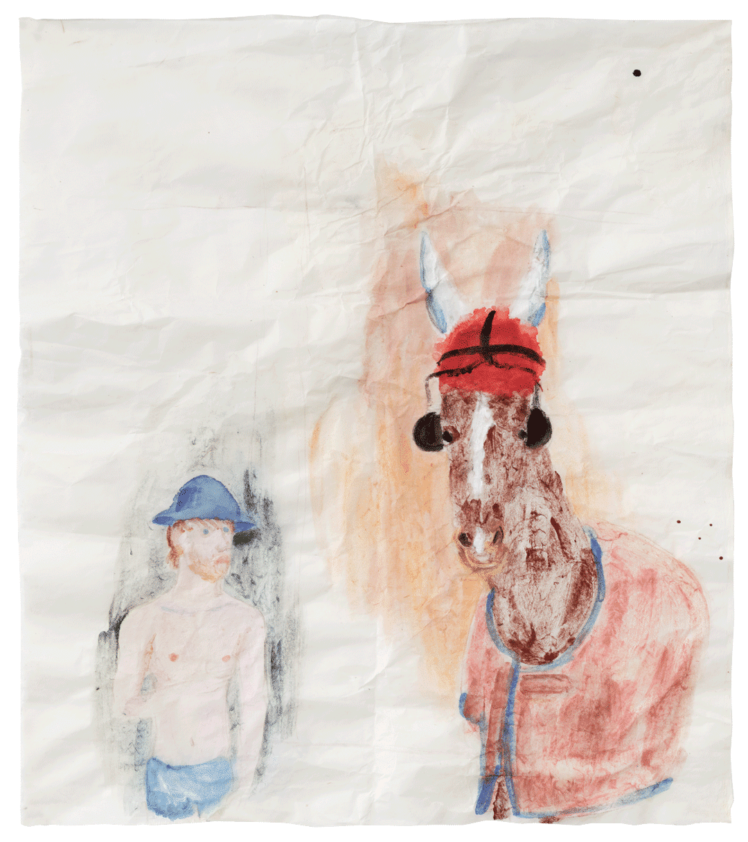 A painting by Xinyi Cheng, titled The Horse Wearing a Red Ear Bonnet and Eye Blinders, dated 2020.