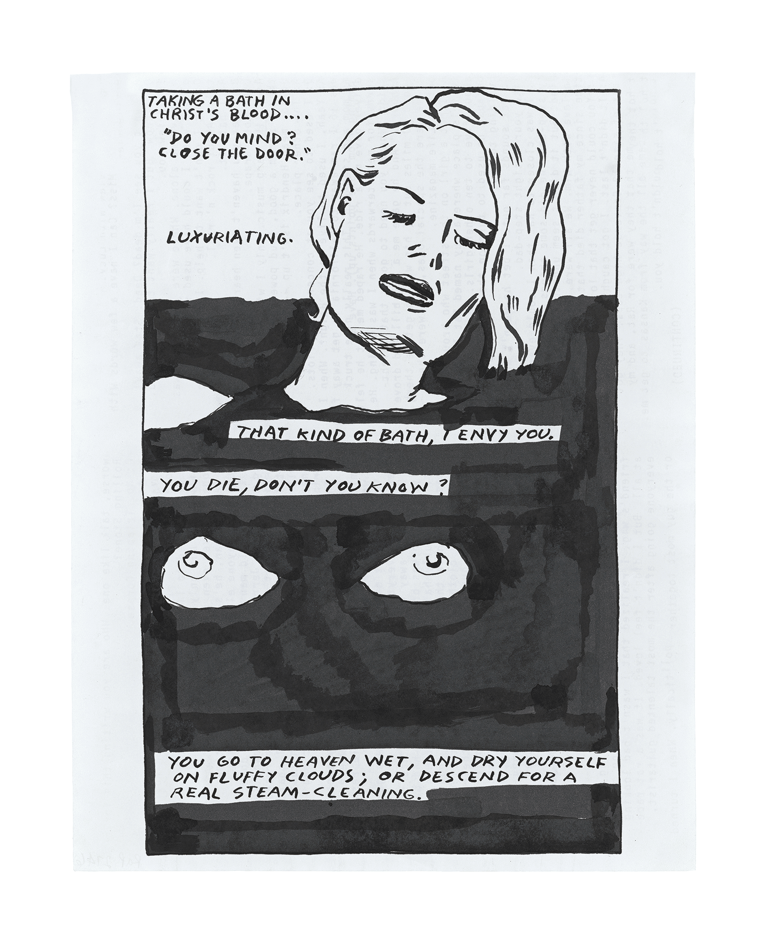 A drawing by Raymond Pettibon titled No Title (Taking a bath...), dated 1986.