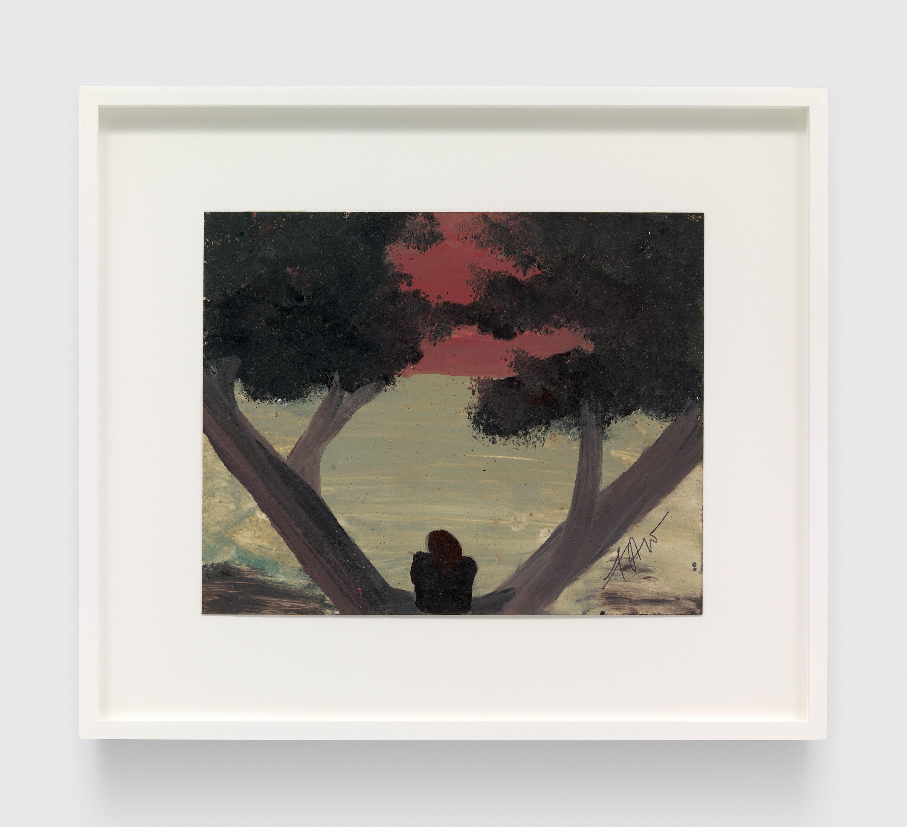 A work on paper by Frank Walter, called Untitled (Self-Portrait in Tree with Grey Sea and Red Sky Beyond), n.d.