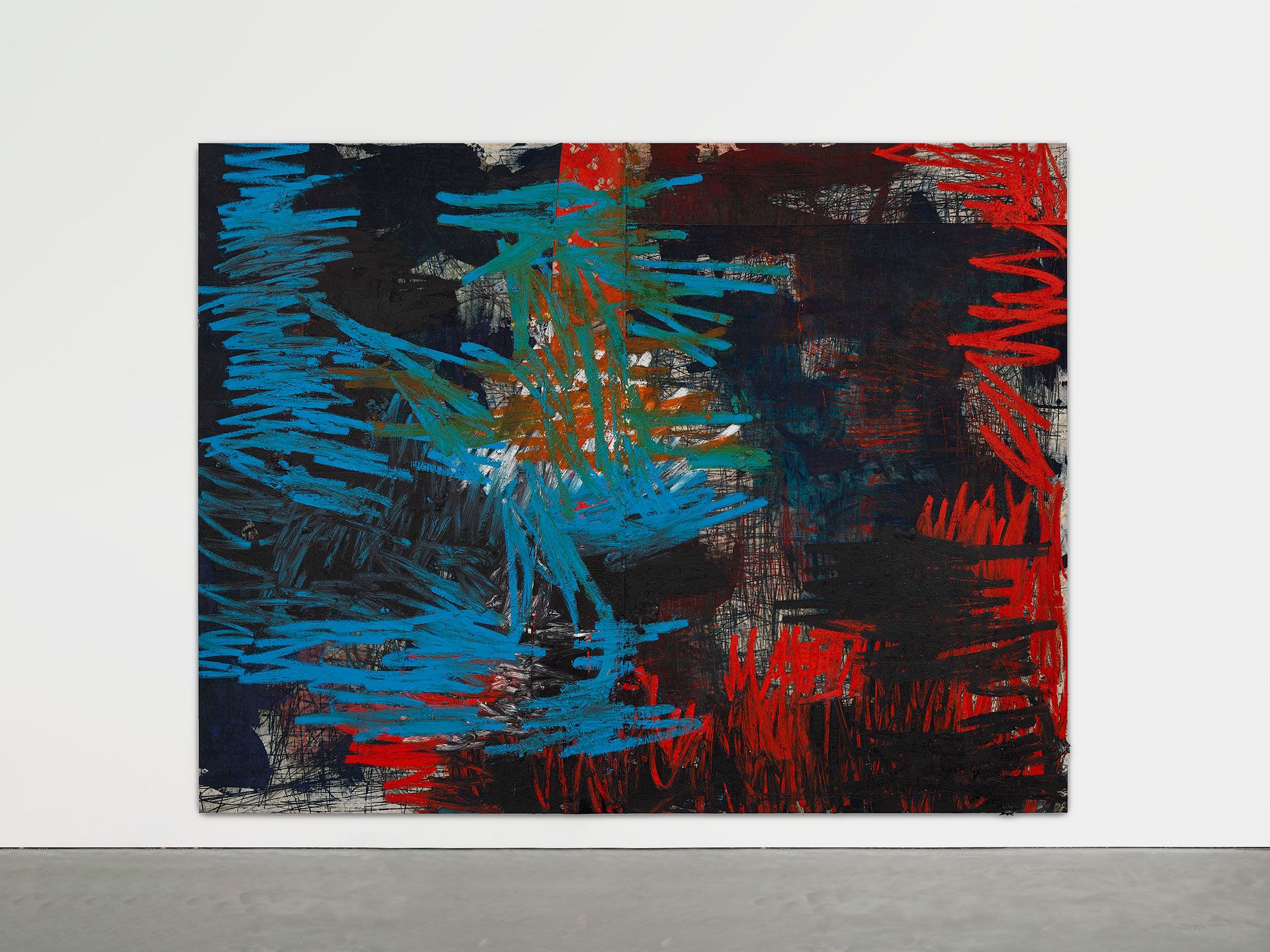 An installation view of a painting by Oscar Murillo titled manifestation, dated 2019-2020.