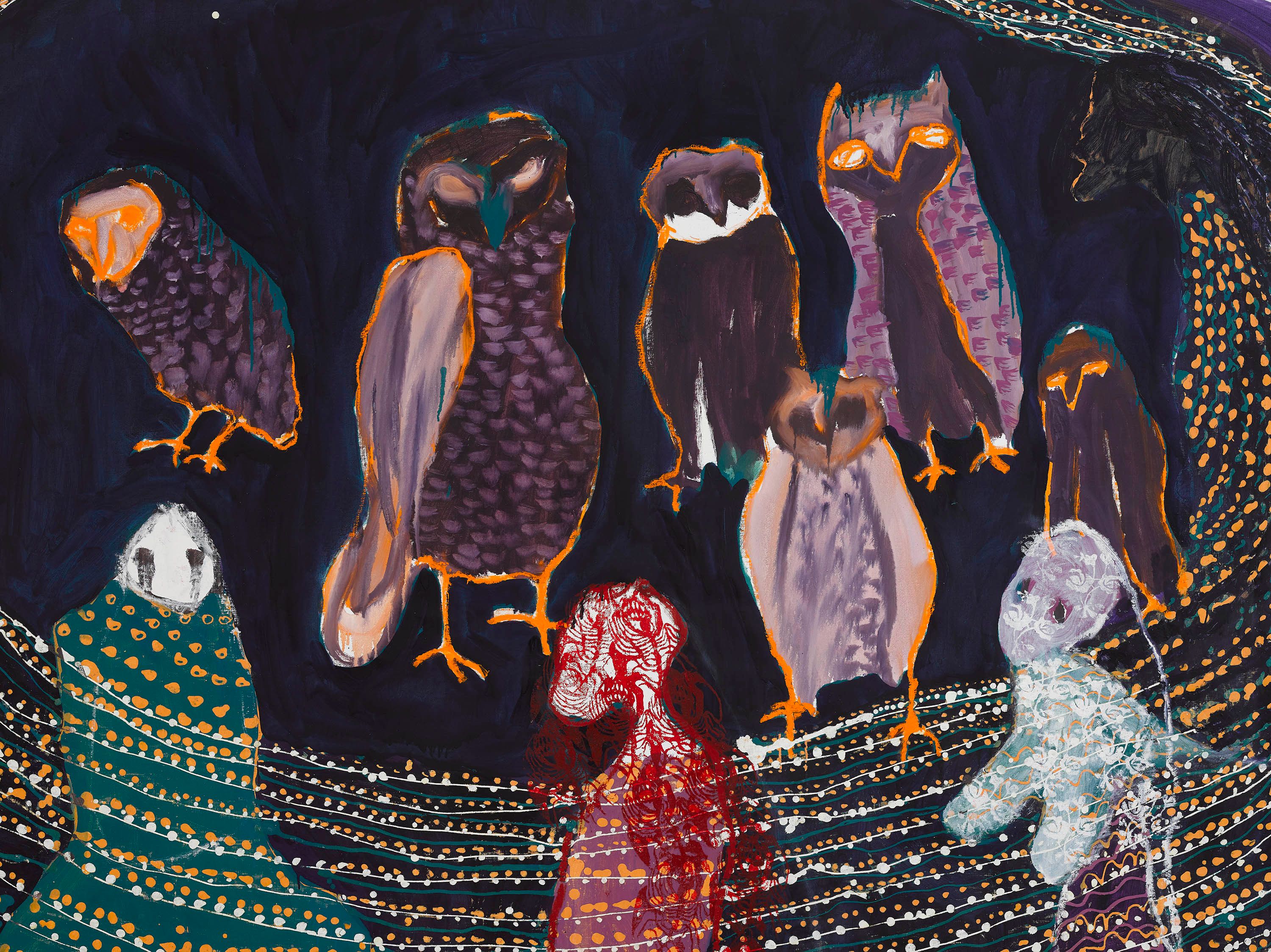 The detail of the work titled Kubatwa kwemazizi (Captured owls) by Portia Zvavahera, date 2022