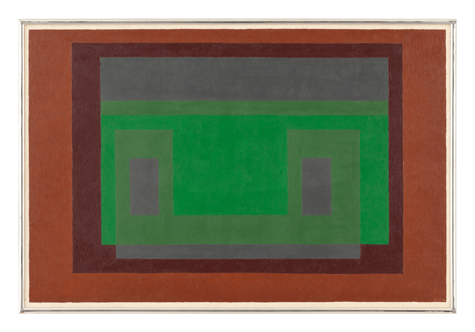 An oil painting on Masonite by Josef Albers, titled Untitled (Variant/Adobe), dated 1958.