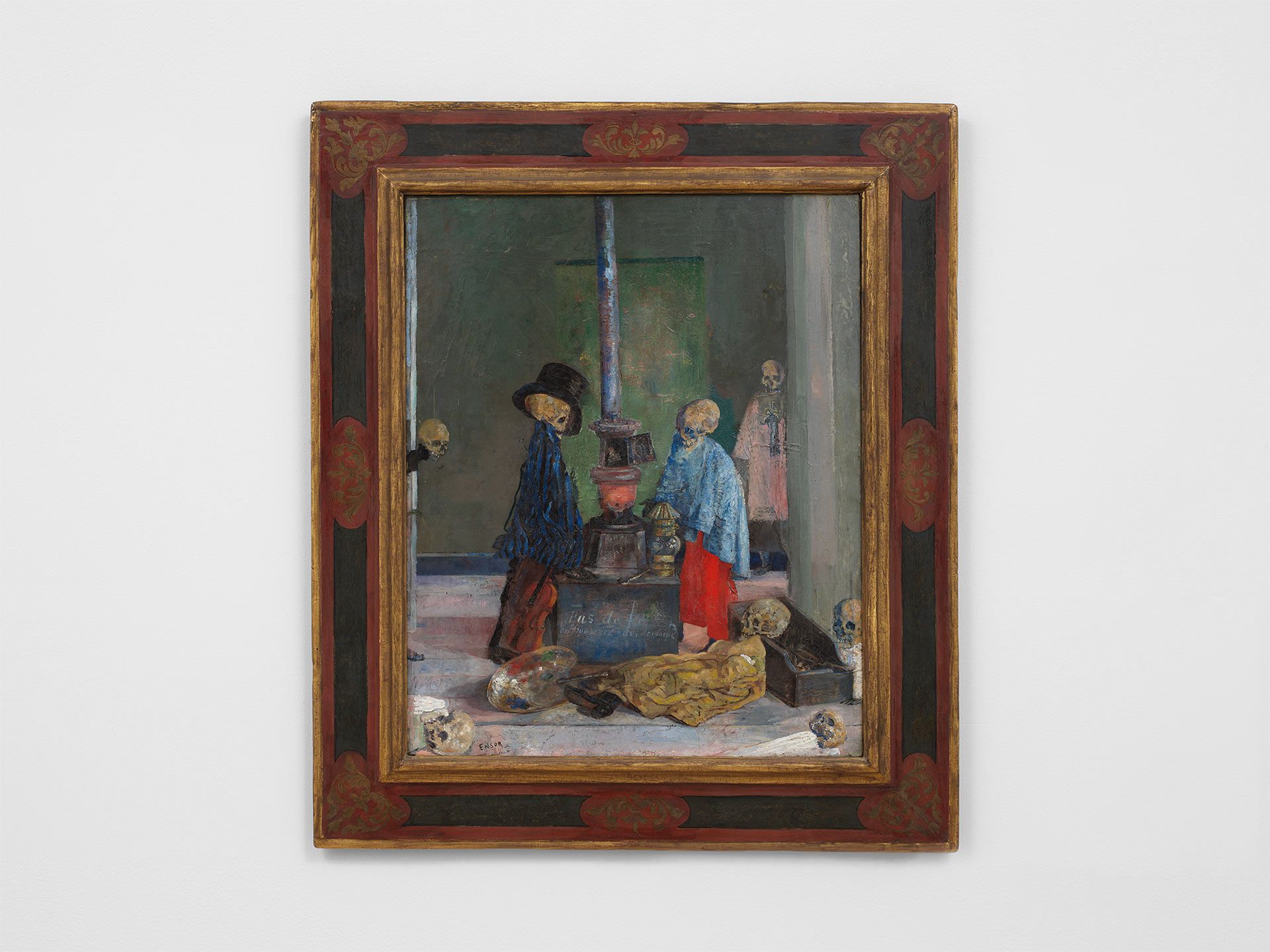 A painting by James Ensor, titled Skeletons Warming Themselves, dated 1889.