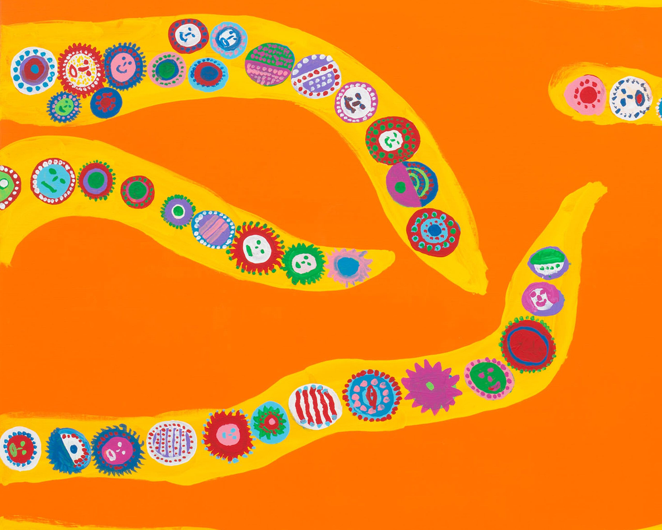 A detail from a painting by Yayoi Kusama titled MY HEART SOARING IN THE SUNSET, dated 2013