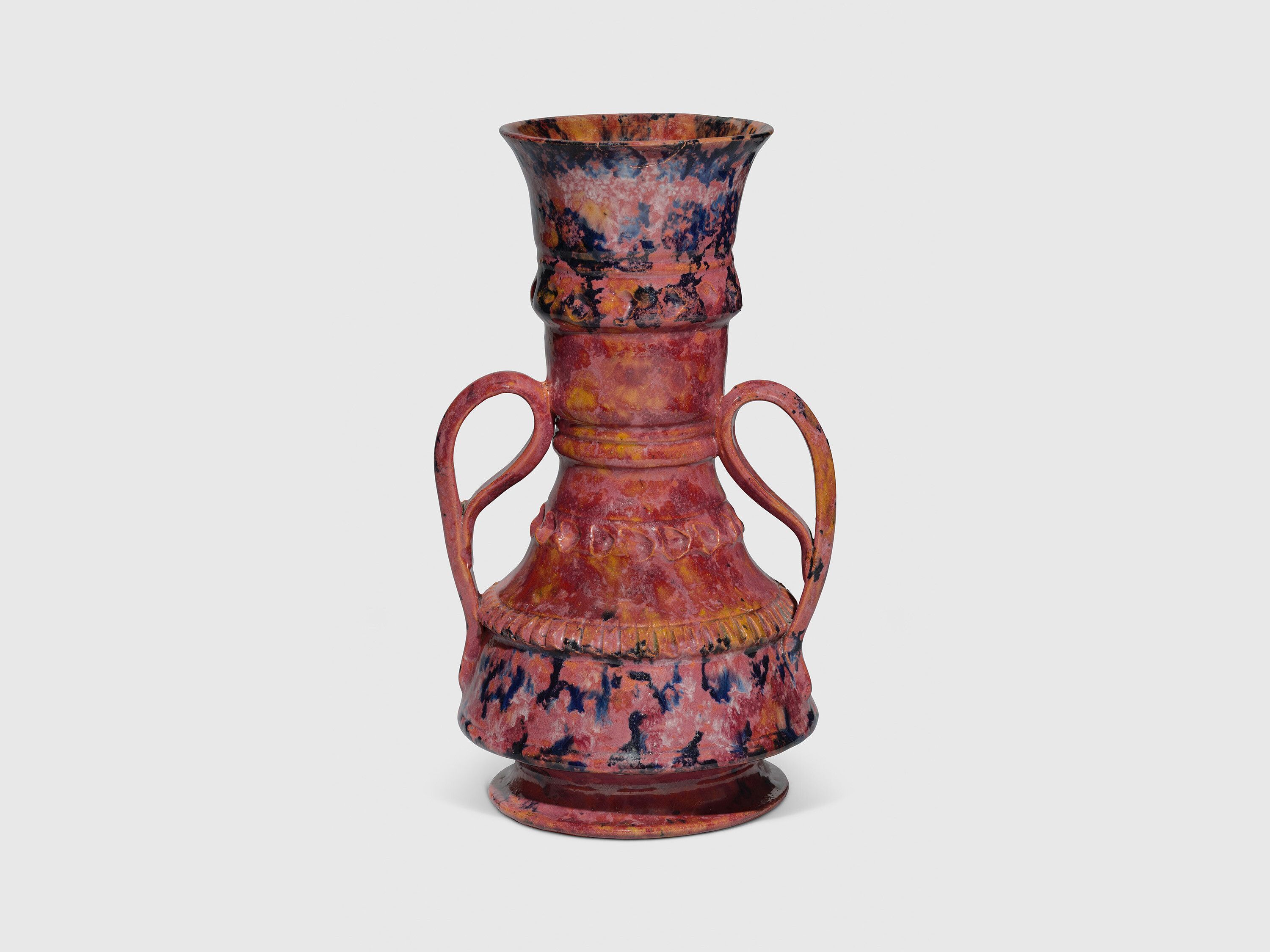 A sculpture by George Ohr, titled Handled vase, 1897 to 1900.