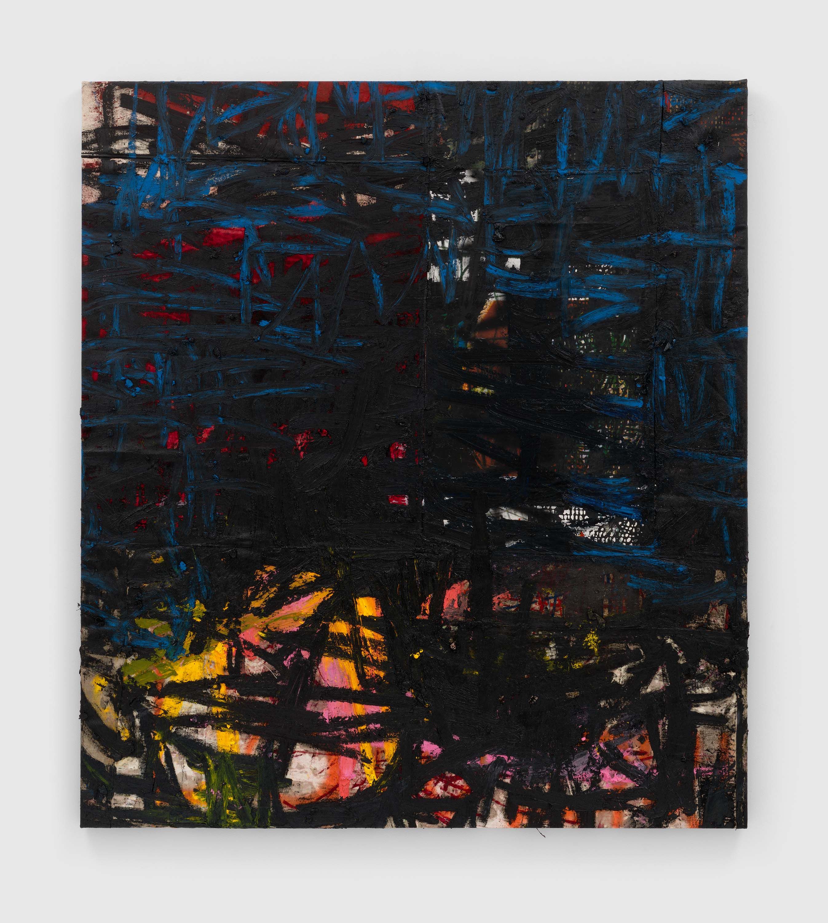 An oil, oil stick, graphite and spray paint on canvas and line artwork by Oscar Murillo, titled news, 2020 to 2022.