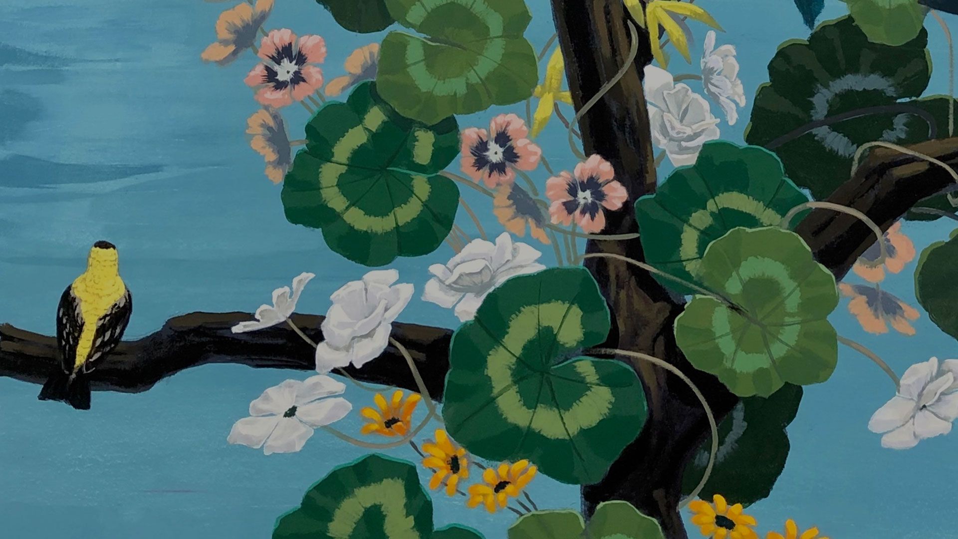 A detail from a painting by Kerry James Marshall, titled Black and Part-Black (Crow & Goldfinch), Birds in America, dated 2020