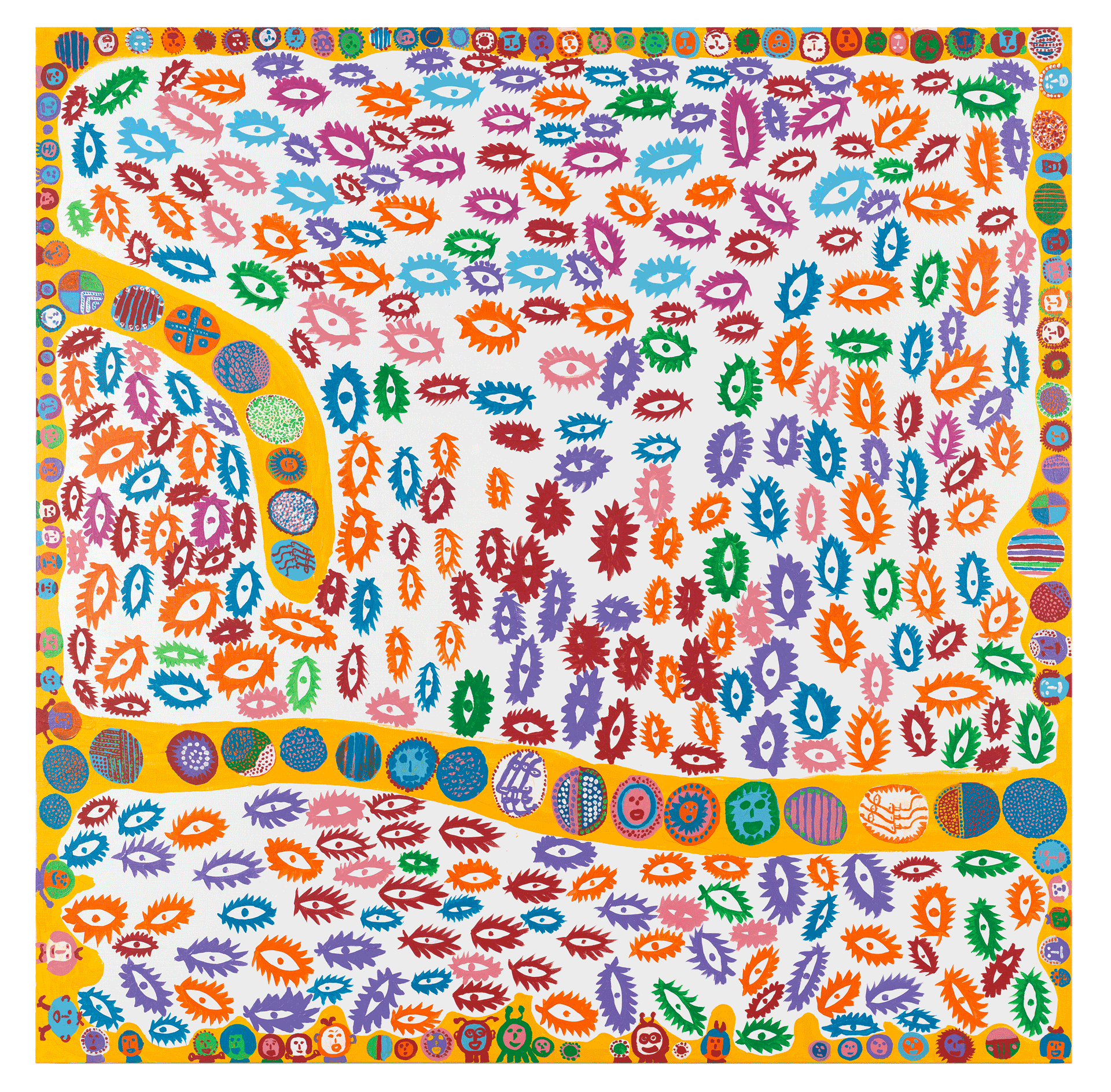 A painting by Yayoi Kusama, titled All The Love Overflowing, dated 2013.