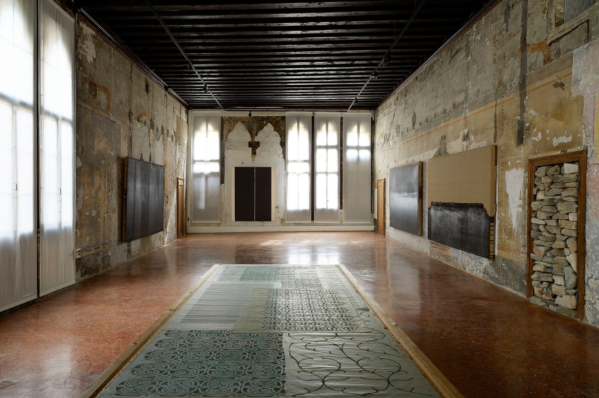 Installation view of the exhibition Yun Hyong-keun: A Retrospective, at Palazzo Fortuny, Venice, in 2019.