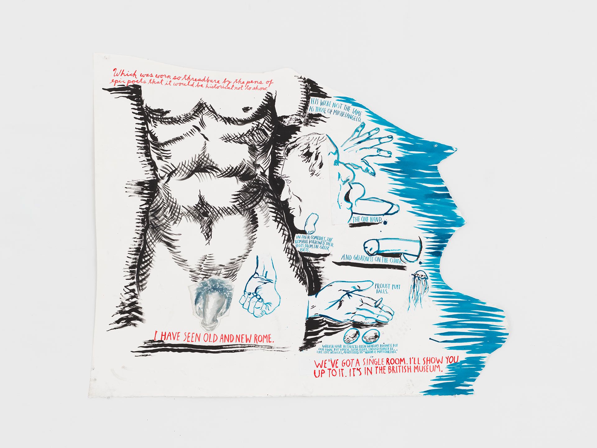 A drawing by Raymond Pettibon, titled No Title (Which was worn...), dated 2017.