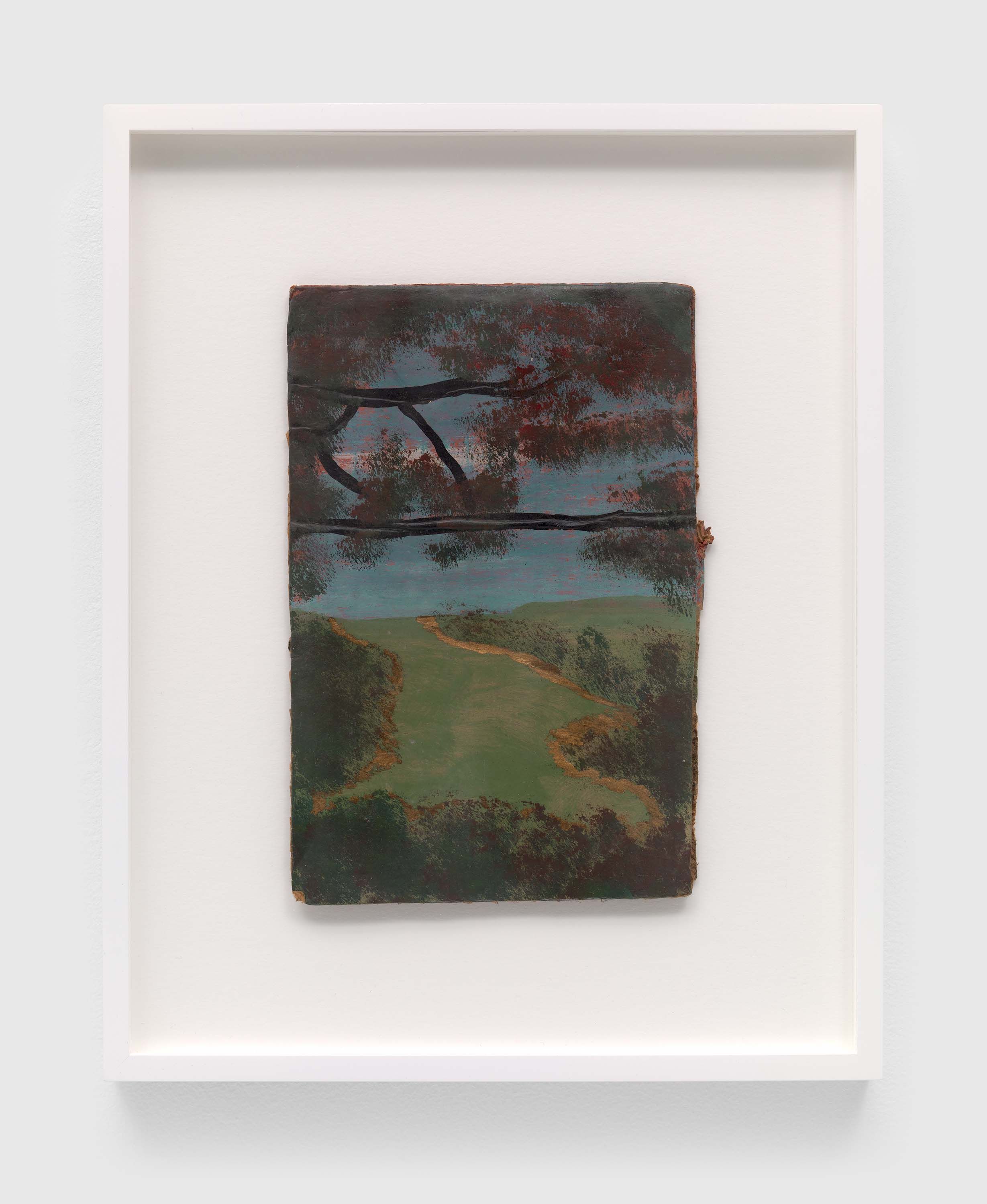 A painting on a triple-ply cardboard by Frank Walter, called Untitled (Purple Branch, Green Land), n.d. 