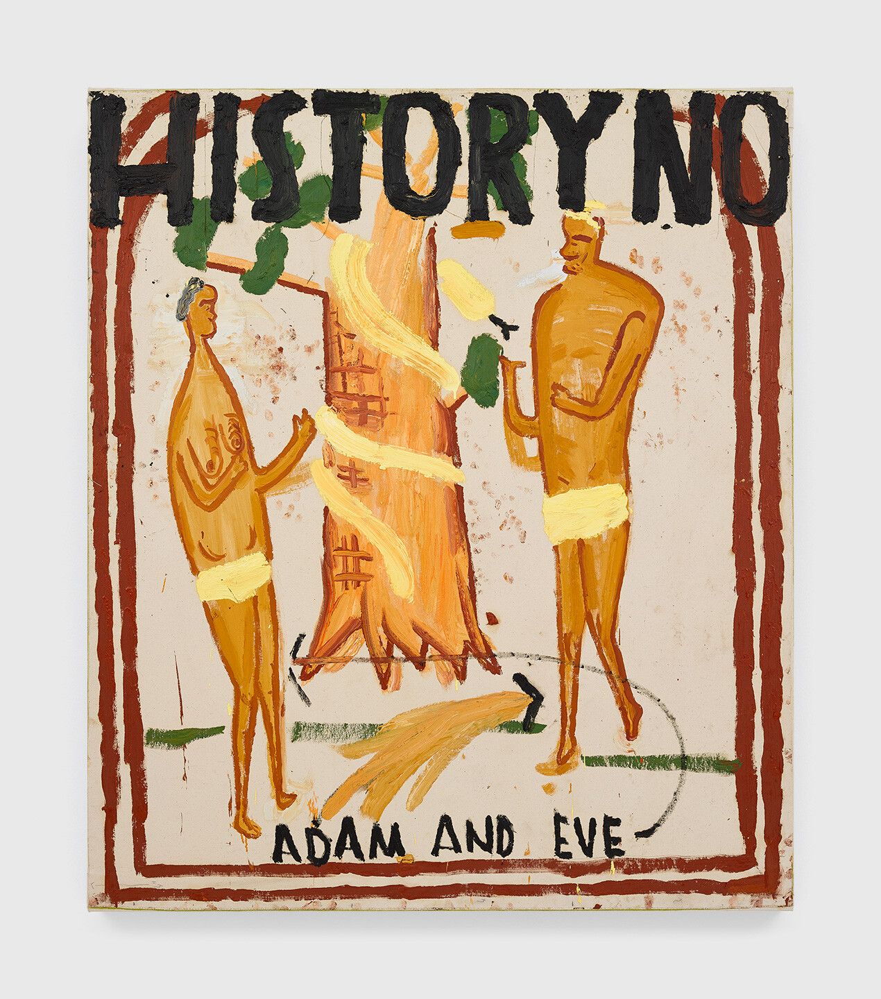 An oil painting on canvas by Rose Wylie, titled Illuminated Manuscript, Adam and Eve, dated 2020.