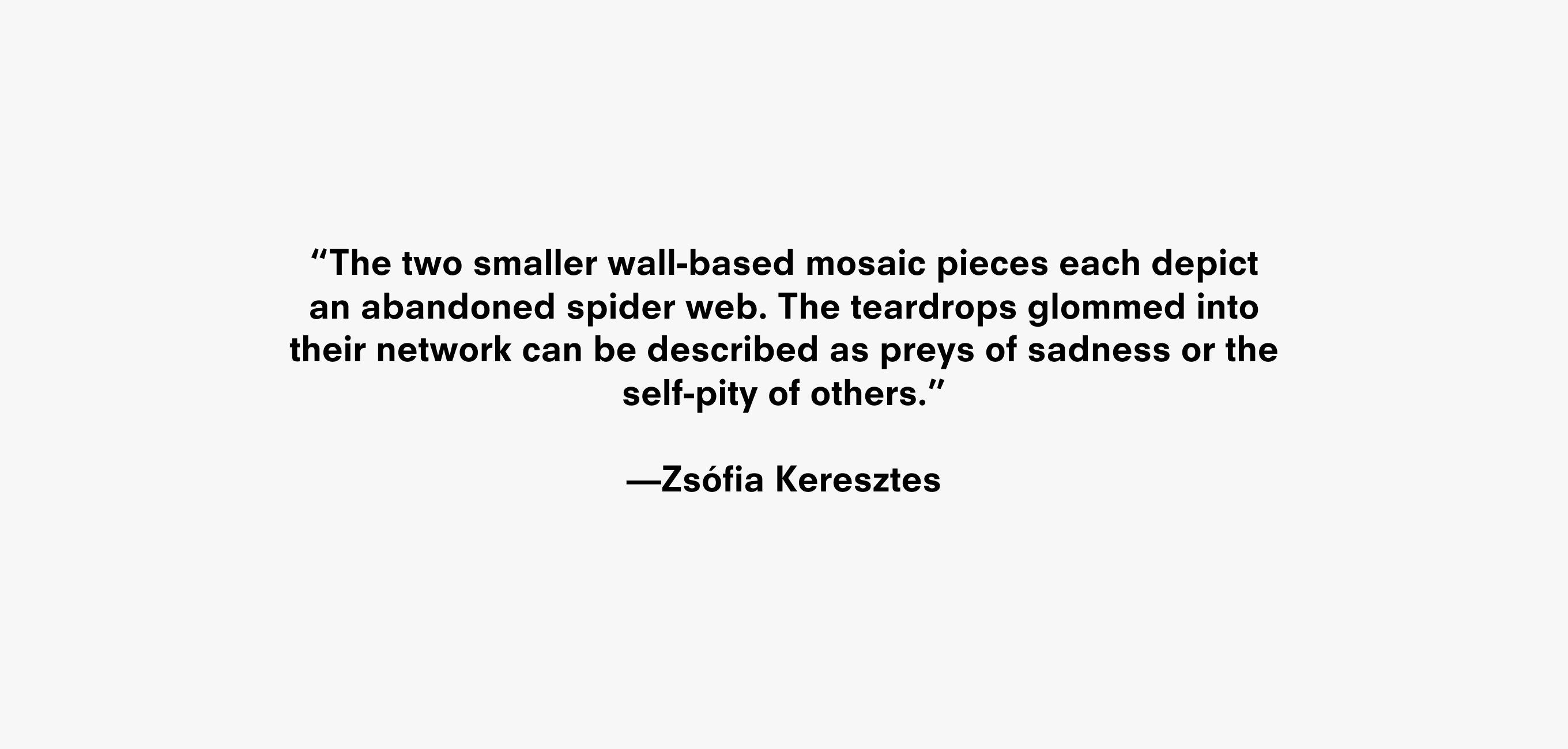 A quote that reads “The two smaller wall-based mosaic pieces each depict an abandoned spider web. The teardrops glommed into their network can be described as preys of sadness or the self-pity of others.” —Zsófia Keresztes