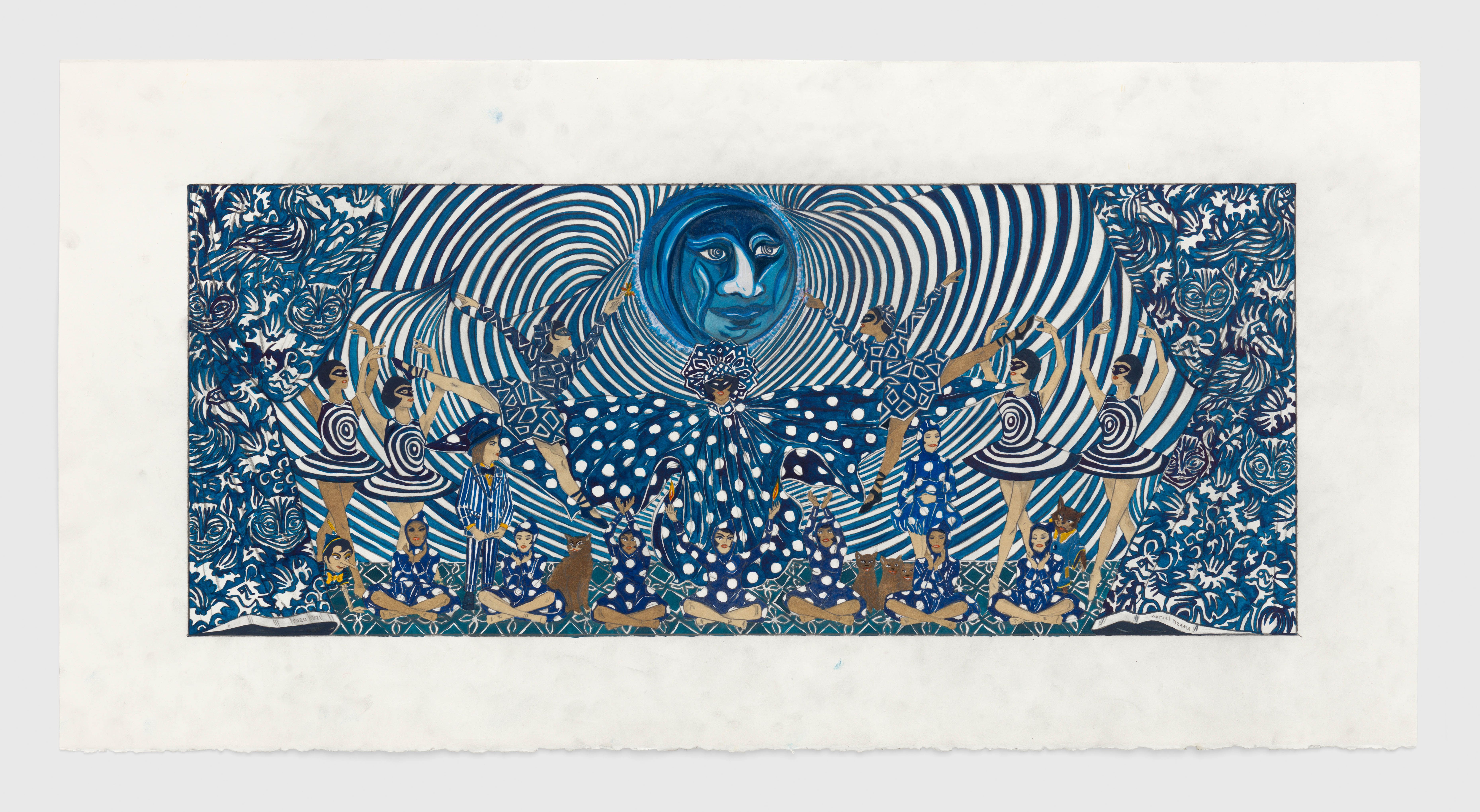 A mixed media artwork by Marcel Dzama, titled That light is from the moon (or Don't turn out the lights just yet...that light is from the moon), dated 2020 to 2021.