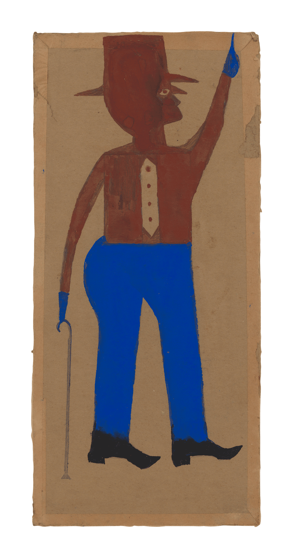A drawing by Bill Traylor, titled Pointing Man in Hat and Blue Pants with Cane, 1939 to1942.