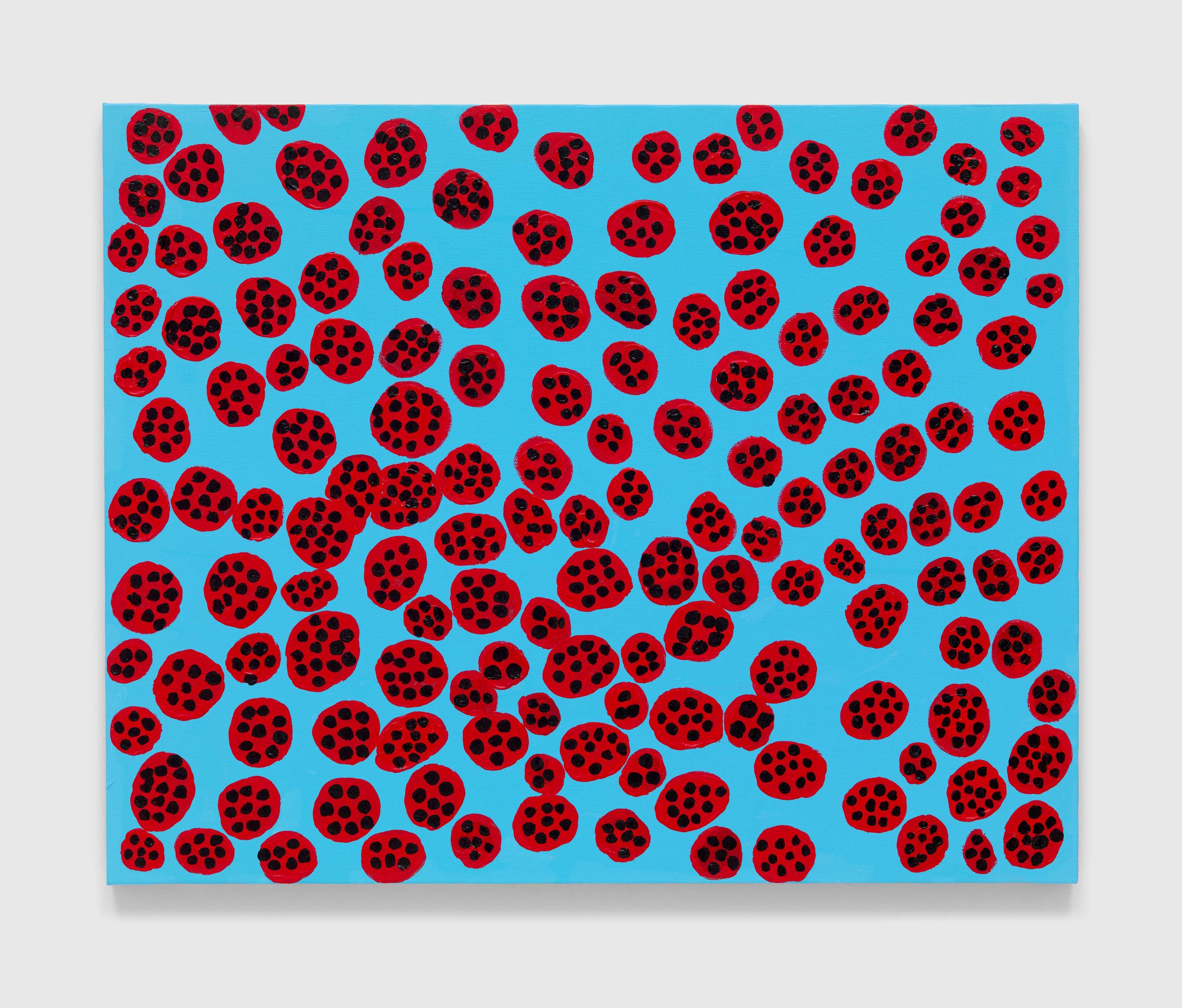 A painting by Yayoi Kusama, titled Love You O My Heart   I Want to Eat Cherry Blossoms   I Want to Kiss the Pink Color of Blossoms   SAKURA Blossoms   I Will Meet with Death One Day   SAKURA   SAKURA   SAKURA   You Touch My Life and Death   O Cherry Blossoms, Thank You, dated 2021.