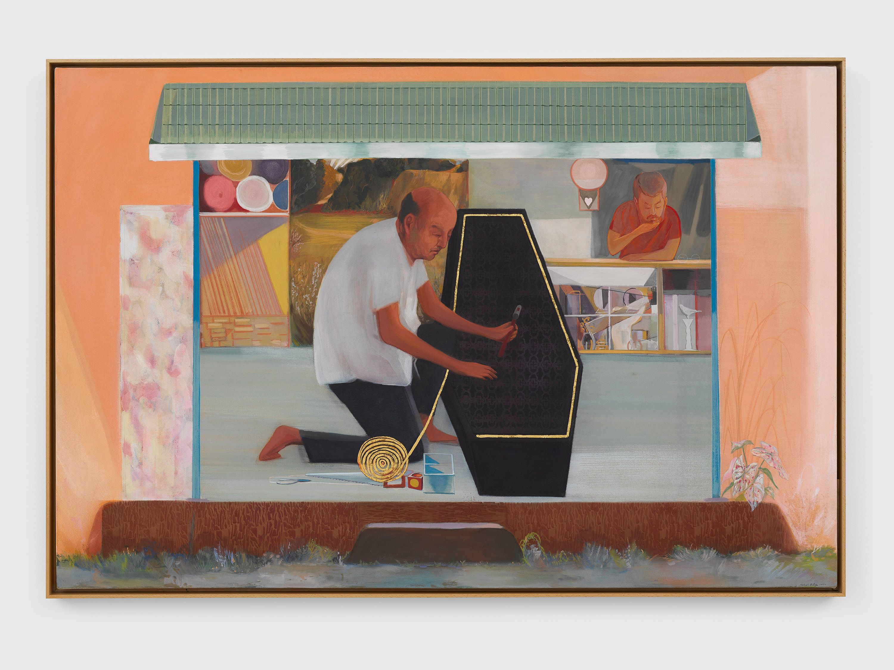 A casein on canvas artwork by Mahesh Baliga, titled Coffin Maker, dated 2022.