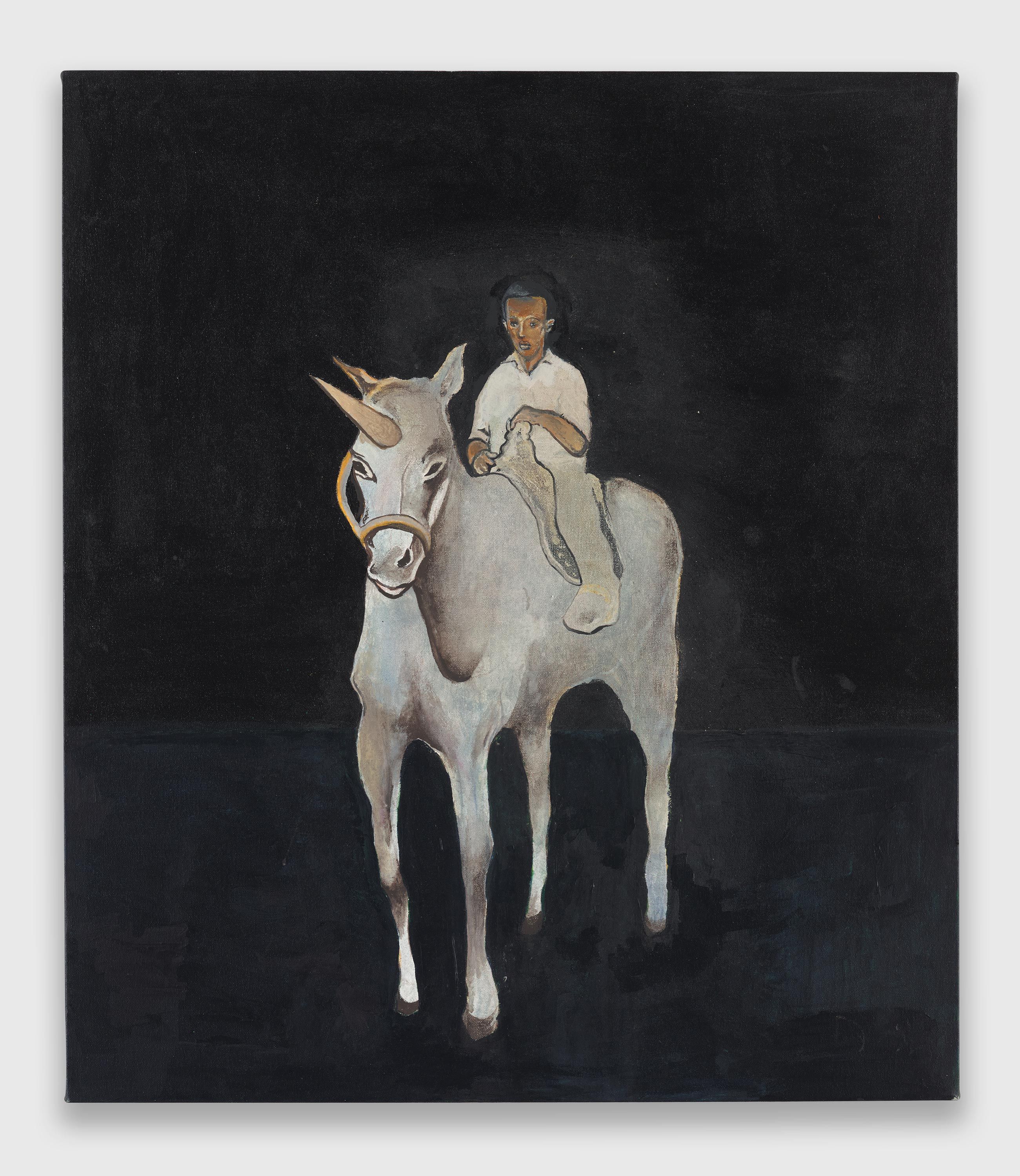 An acrylic and gouache on canvas artwork by Noah Davis, titled 40 Acres and a Unicorn, dated 2007.