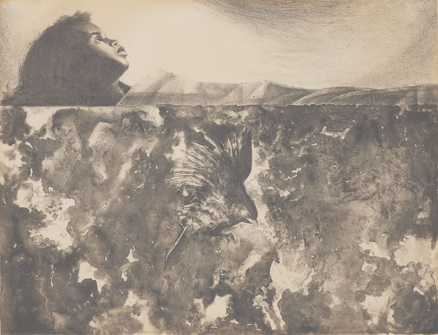 A lithograph on paper by Charles White, titled Evening Song or Night of Dreams or Echo of Silence, dated 1970.