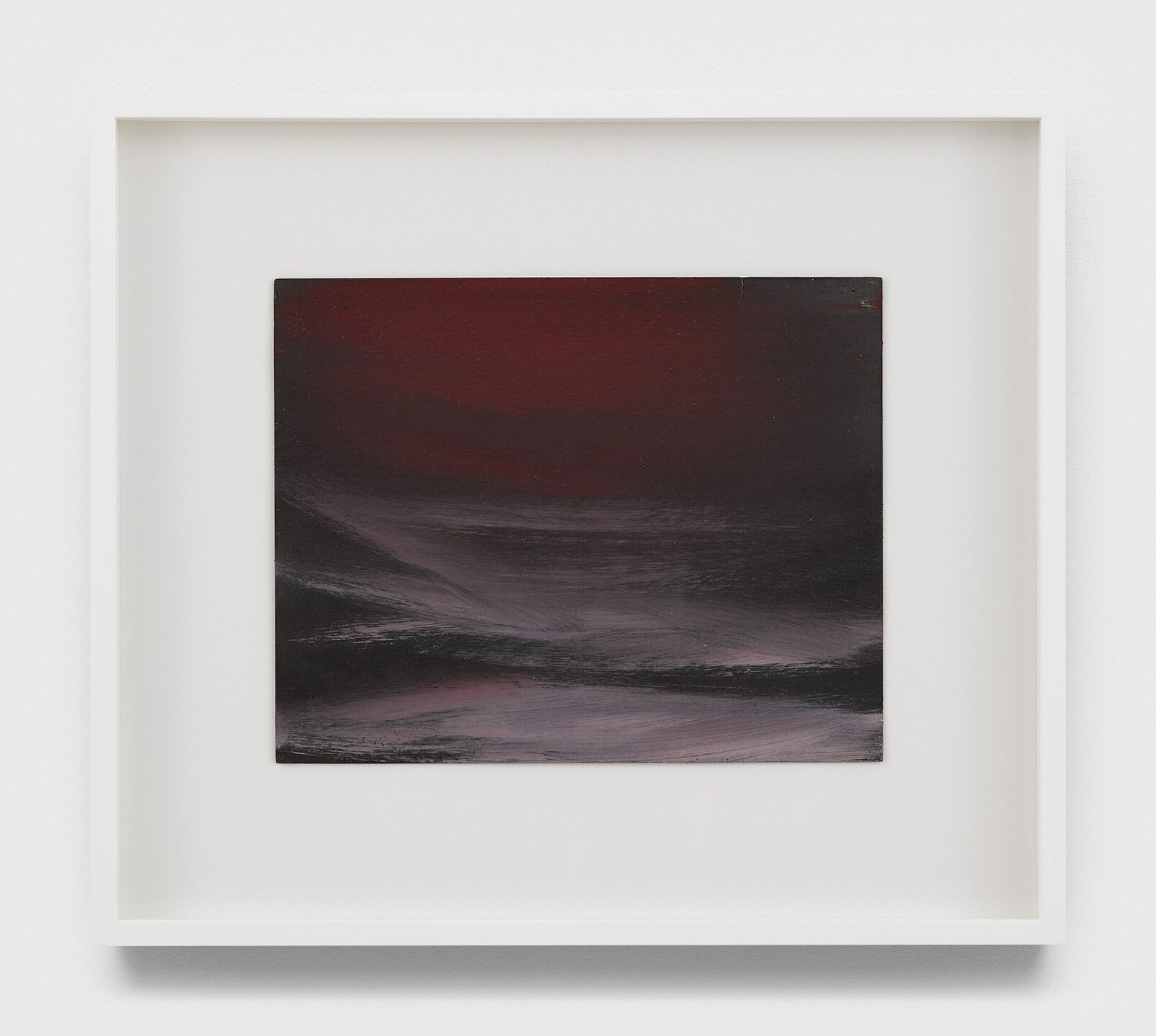 An undated oil painting on cardstock by Frank Walter, titled Untitled (Nocturne in red and black seascape with mist).