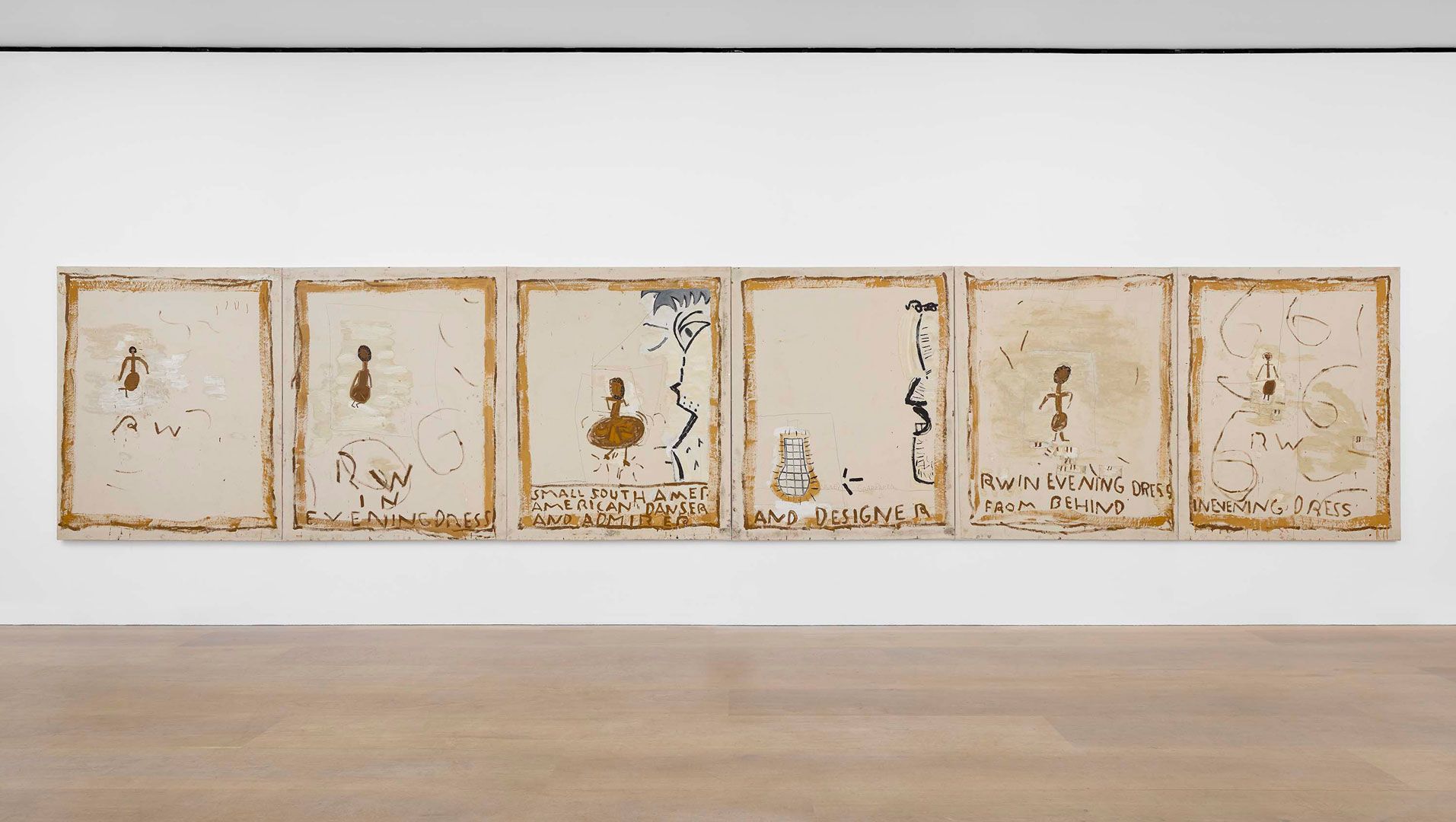 A series of paintings by Rose Wylie, titled Drab Ant Work - RW in evening dress, dated 2019.