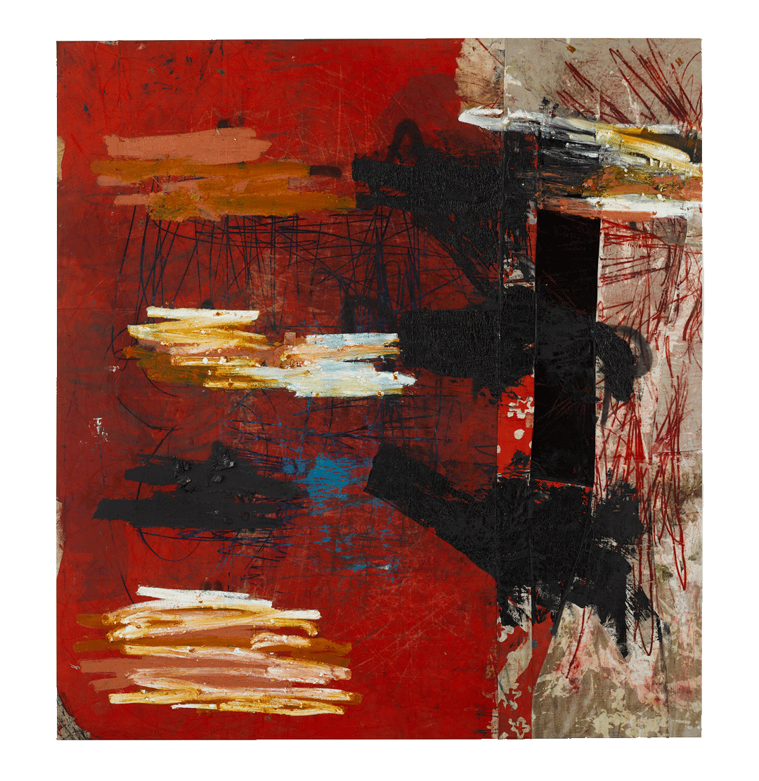 A painting by Oscar Murillo titled manifestation, dated 2018-2019.