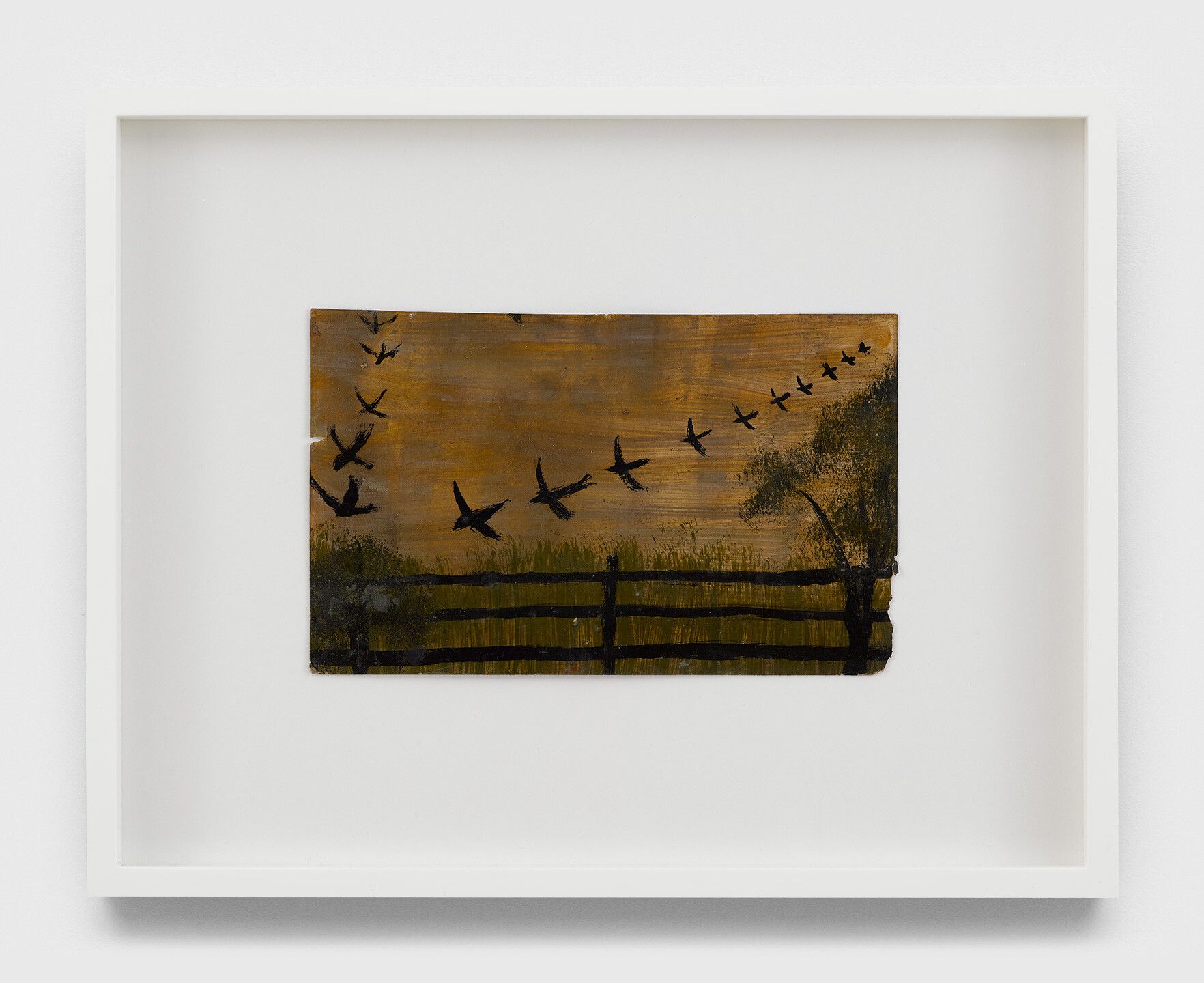 An undated oil painting on back of black and white photograph by Frank Walter, titled Untitled (Birds flying over a fence and meadow).