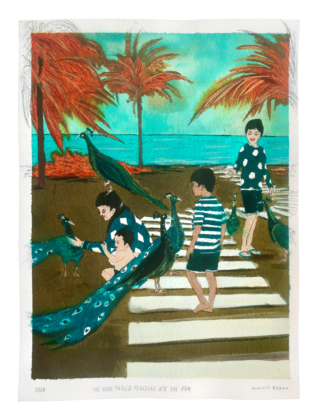 A work on paper by Marcel Dzama titled The nine tailed peacocks ate the fox, dated 2020.