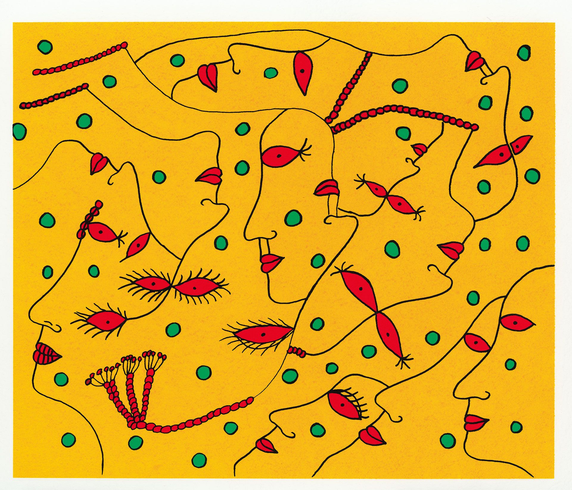 A silkscreen print and etching on Moulin de Larroque paper by Yayoi Kusama, titled Seeking the Beautiful Eyes, dated 2012.