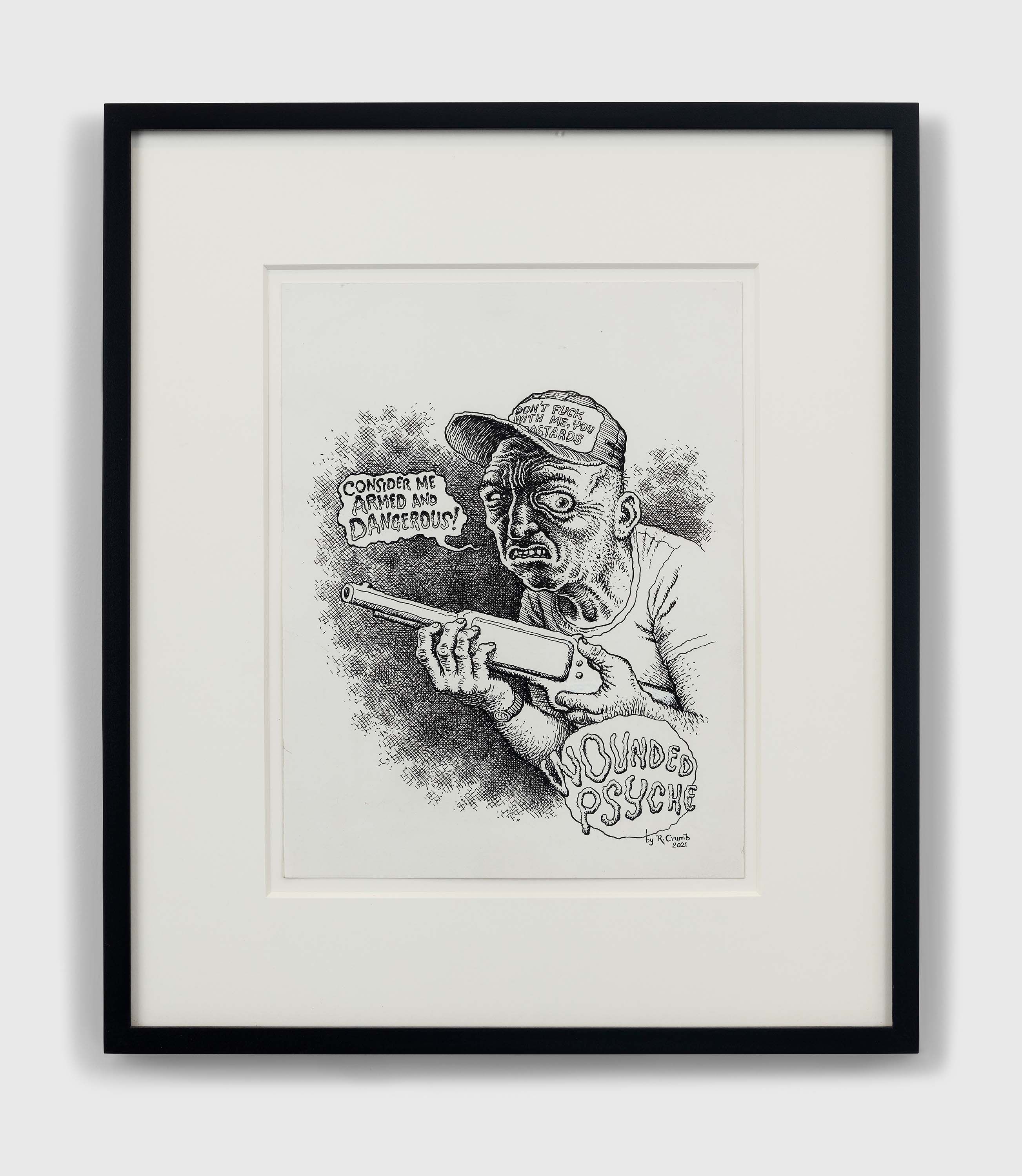 An ink on paper artwork by R. Crumb, titled Wounded Psyche, dated 2021.