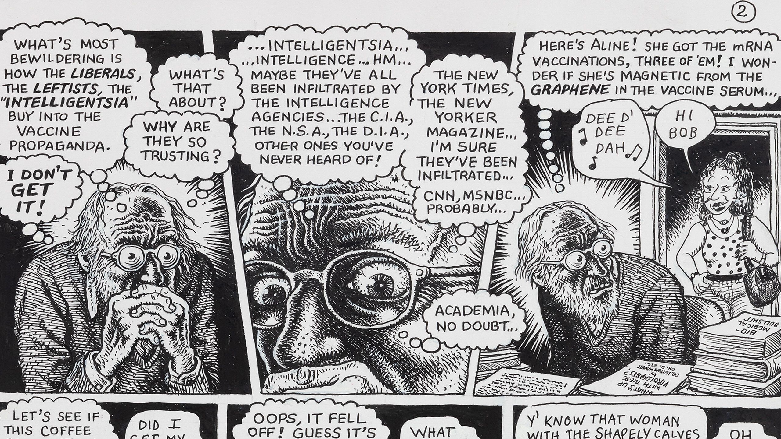 A detail of Crumb Family Covid Exposé by Aline Kominsky-Crumb and R. Crumb dated 2021