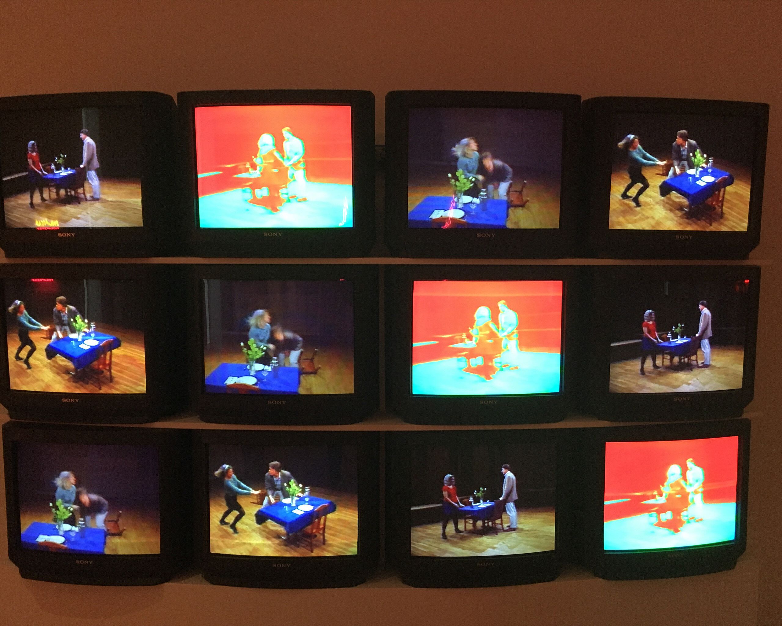 Bruce Nauman 12 monitor installation of "Violent Incident" at the Tate London dated 2017